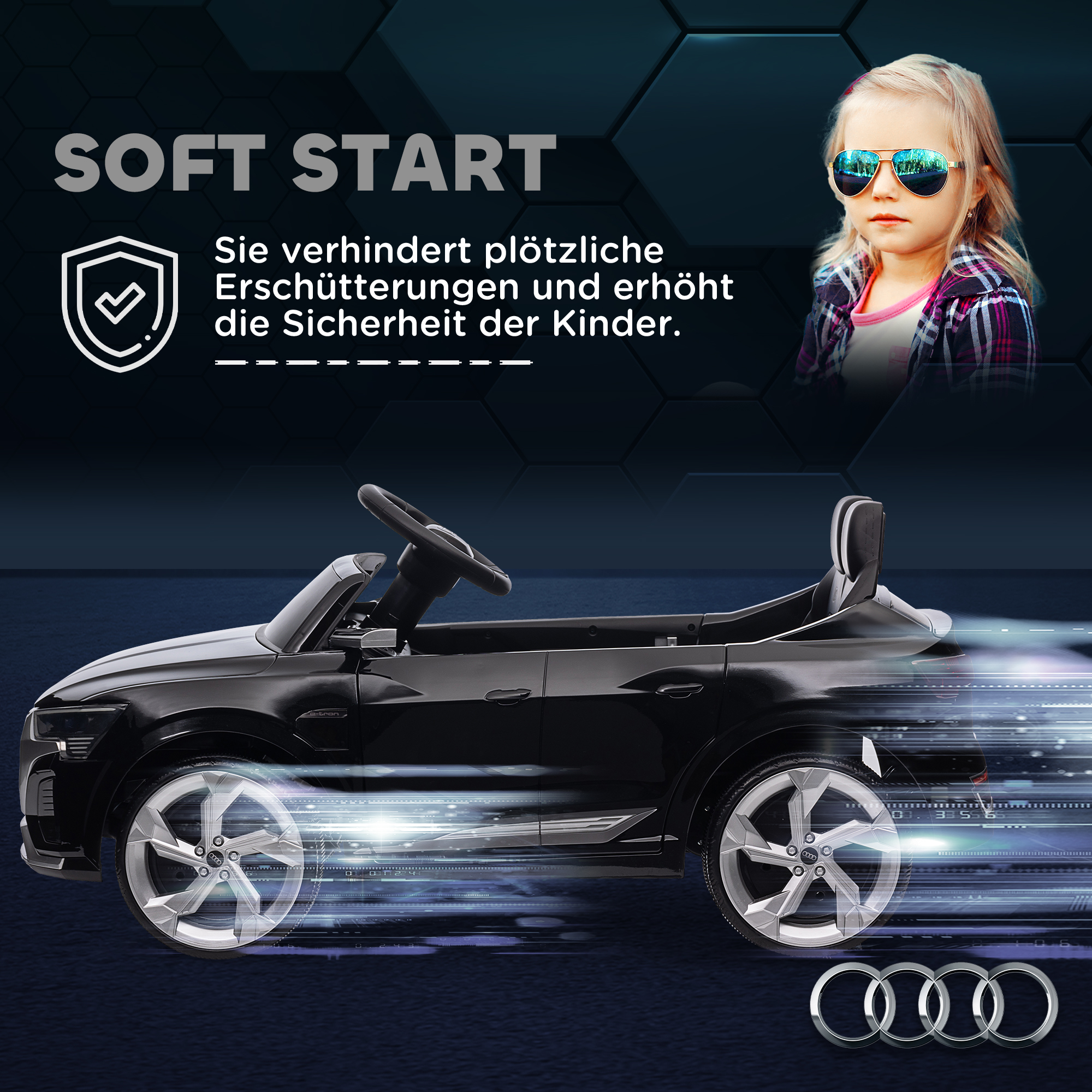 Kinderfahrzeug Audi Q8, 3-5 km/h, Fernsteuerung, Scheinwerfer, Musik, schwarz