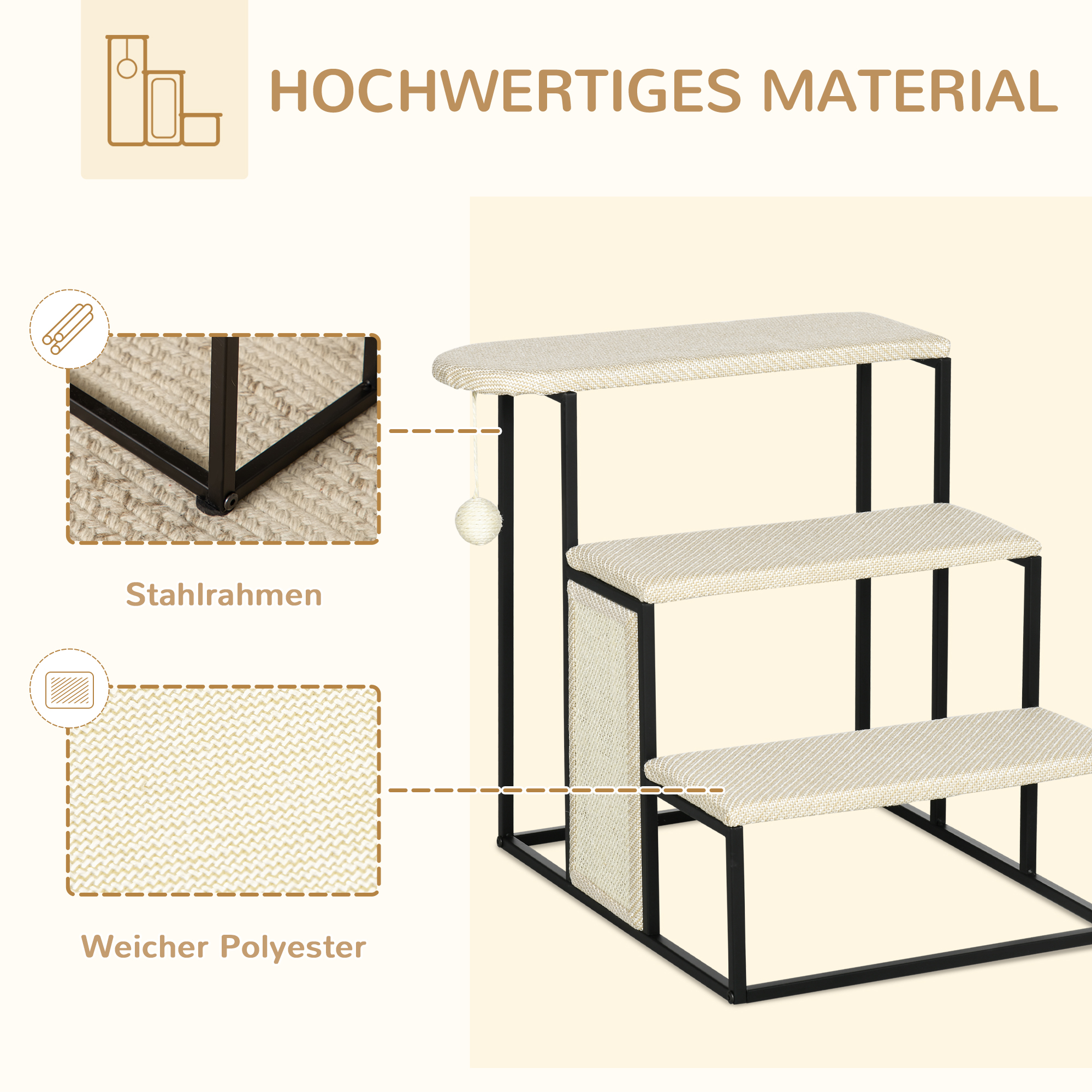Katzentreppe, mit Kratzbrett, 3 Stufen, Spielball, robust, Stahl+Sisal, cremeweiß+schwarz, 51 x 54 x 53cm