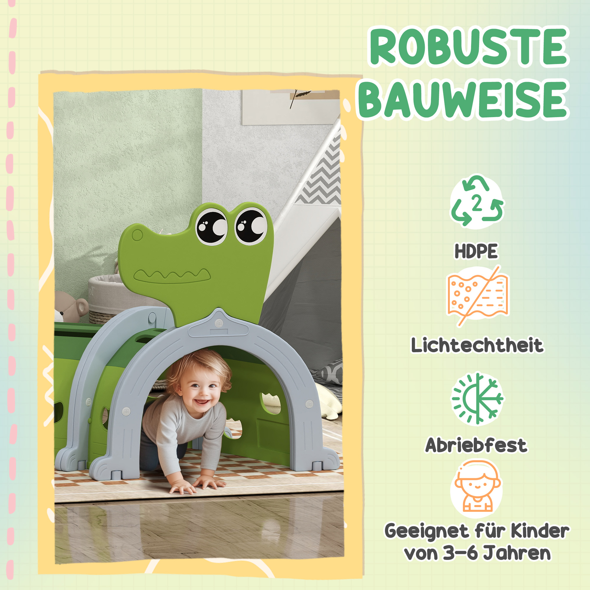Krokodil Spieltunnel, flexible Form, robust, für Kinder 3-6 Jahre, 194 x 88 x 92 cm, Grün