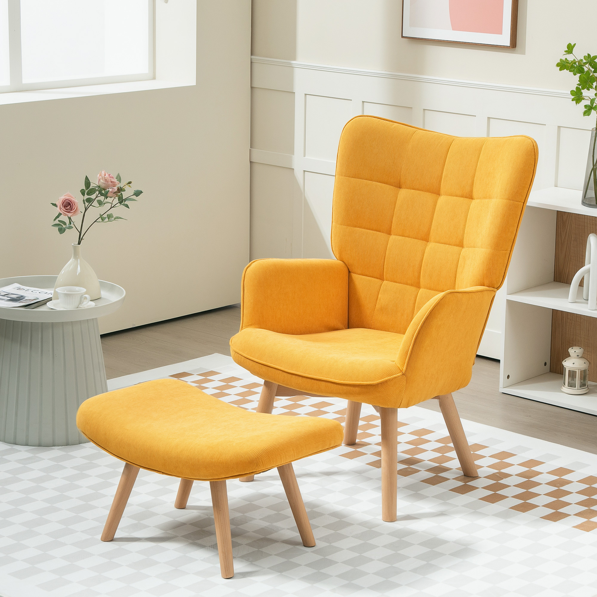 Akzentsessel mit Hocker, Relaxsessel in Cord-Optik, Armlehnstuhl mit Holzbeinen, für Wohnzimmer, Orange