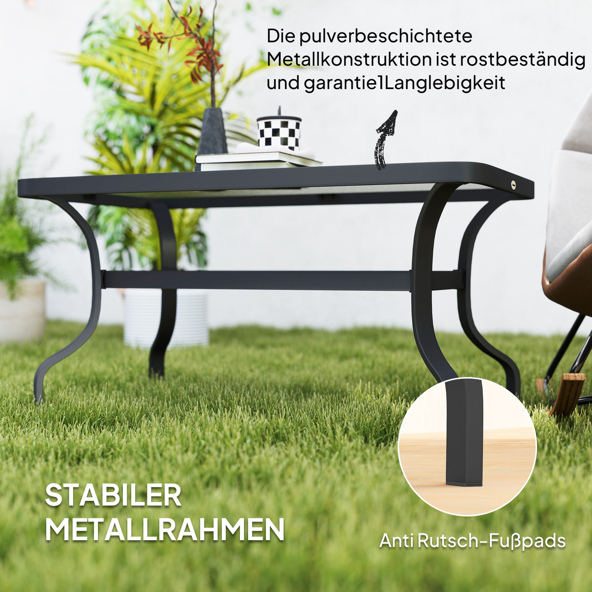 Beistelltisch Hartglas Kaffeetisch Couchtisch mit Wellendesign, Abgerundete Ecke Balkontisch 95x55 cm Schwarz