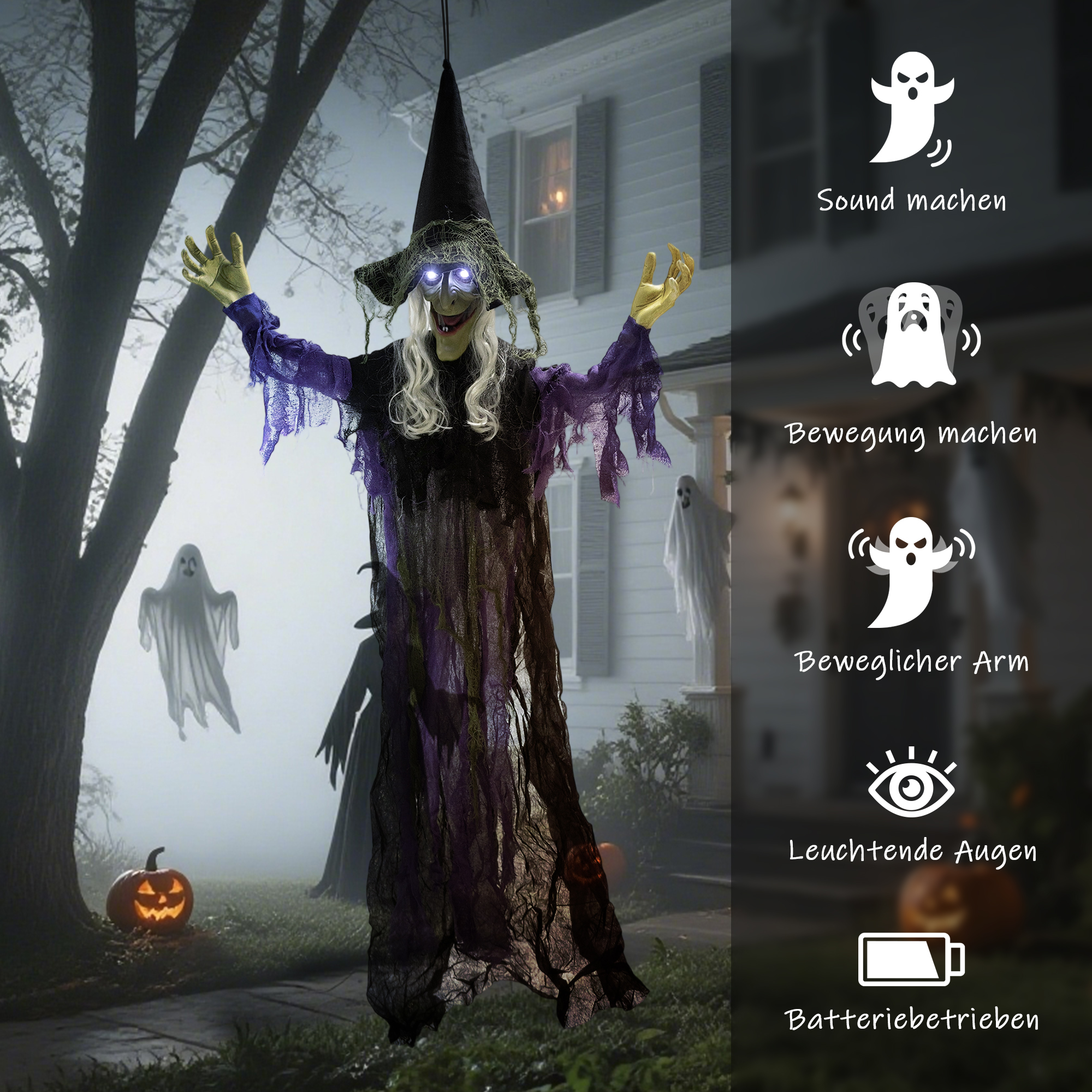 183cm Halloween Dekoration Hängende Halloween Hexe mit LED-Lichter, Soundfunktion verstellbare Arme, Mund