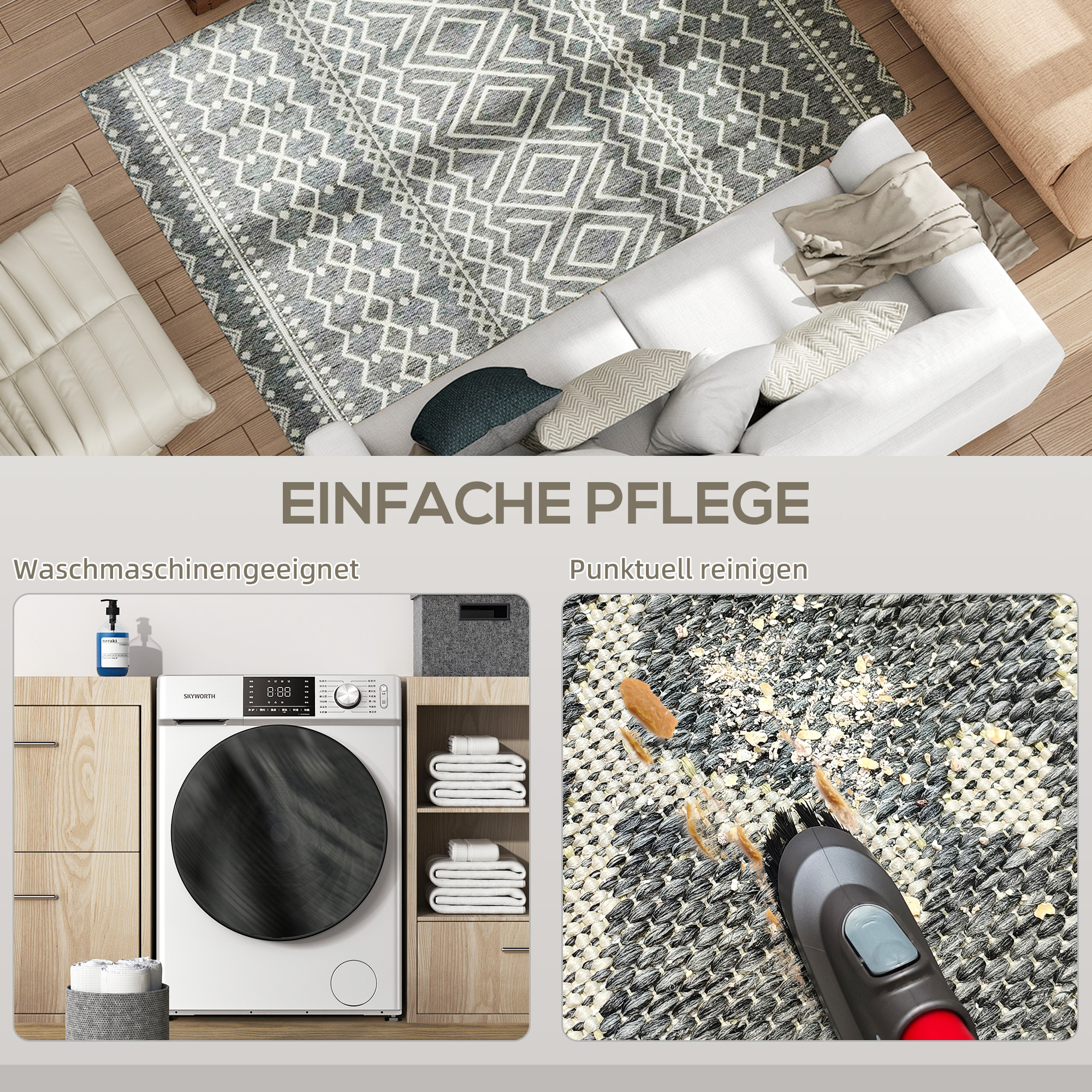 Teppich für drinnen und draußen, Boho-Design, leicht zu reinigen, Grau