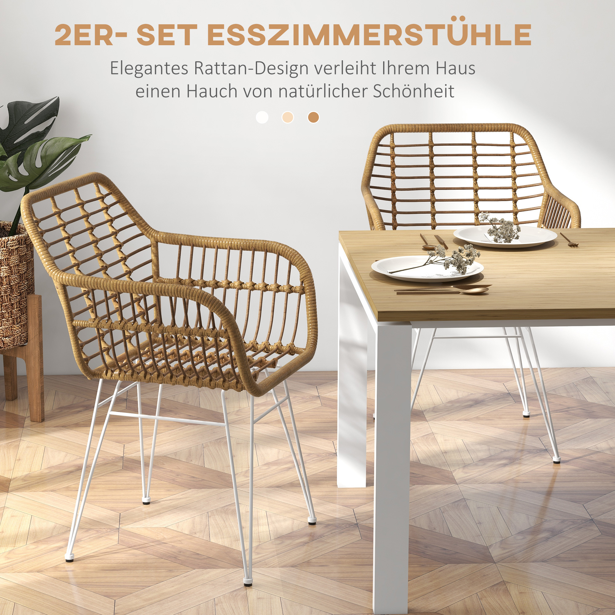 2-er-Set Stühle im Boho-Stil, Küchenstühle, PE-Rattan, 56 x 60 x 79 cm, Natur + Weiß