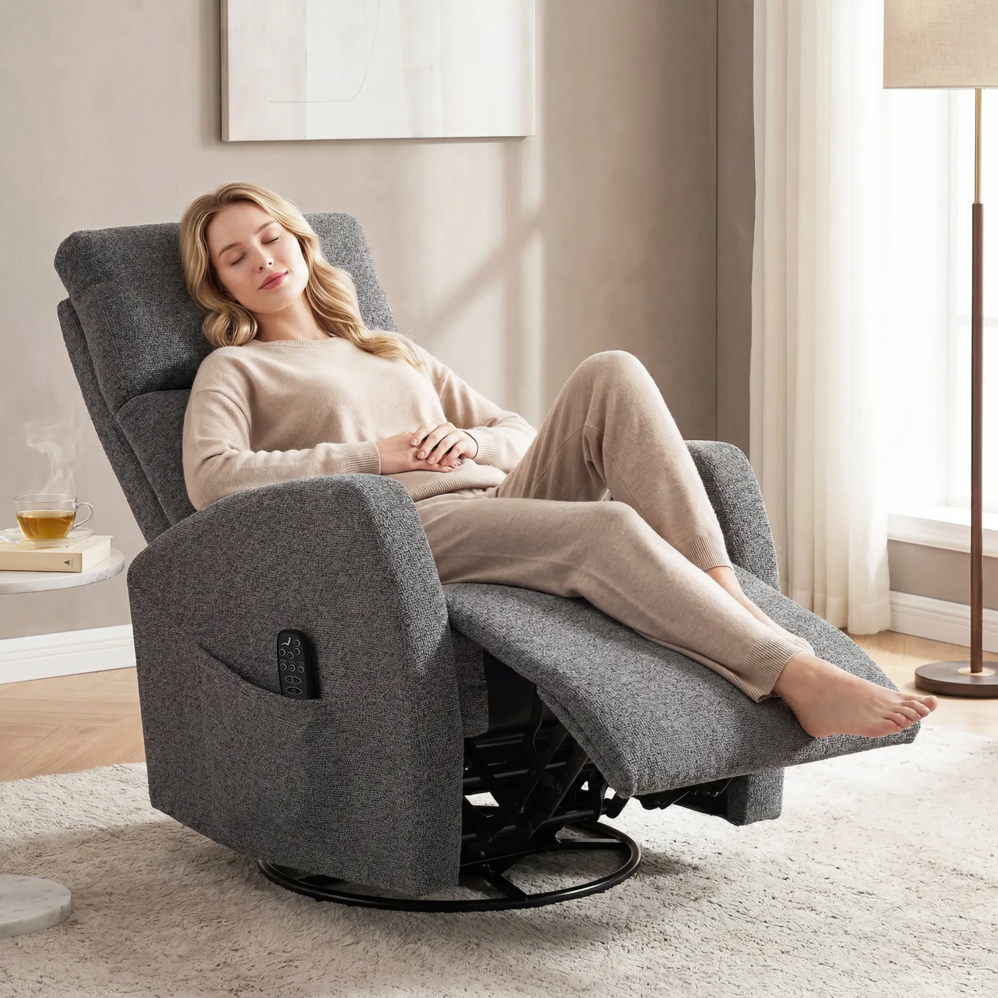 Relaxsessel drehbarer Fernsehsessel mit Wärme und Vibrationsmassage, Liegefunktion, Wippfunktion Dunkelgrau