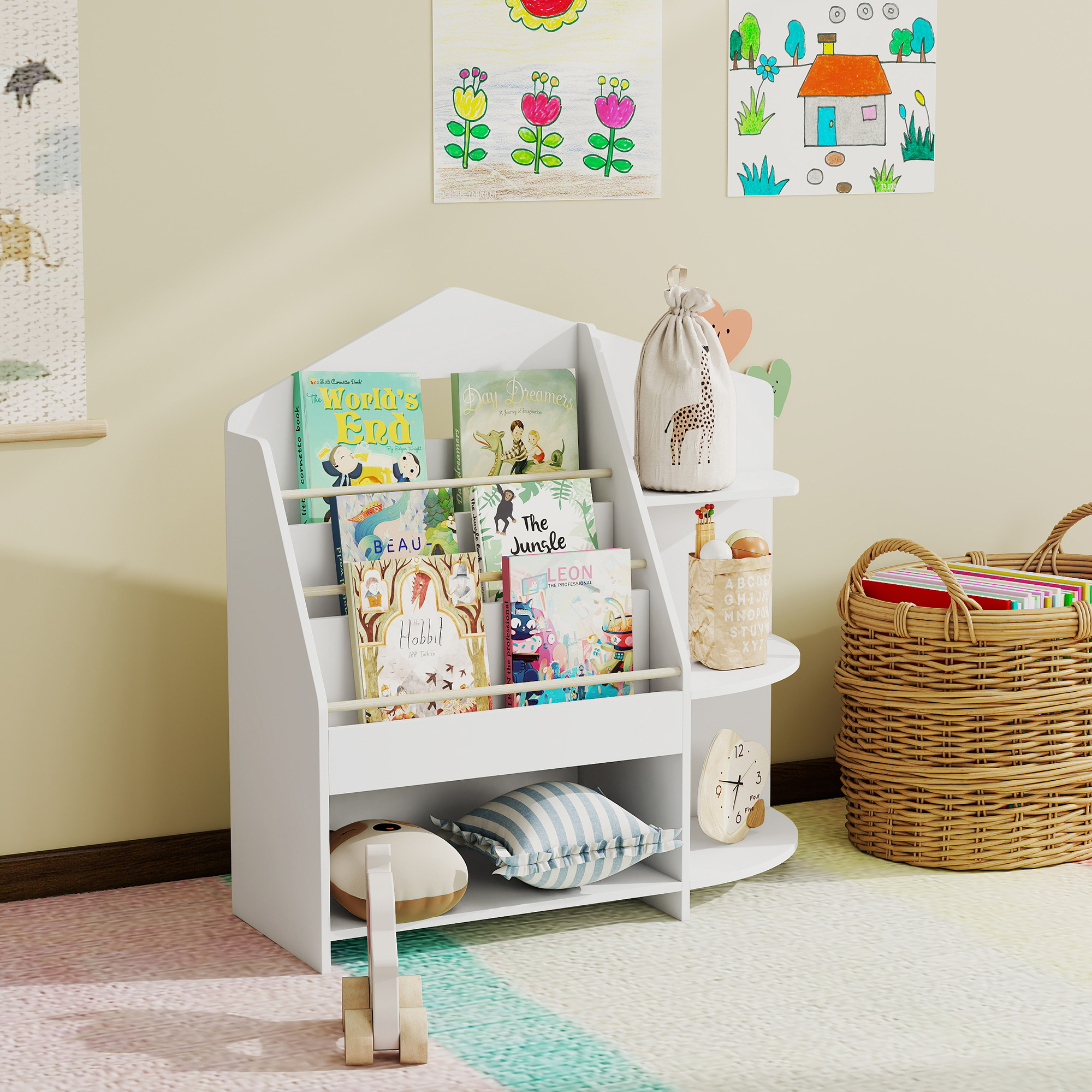 Kinderregal mit 7 Regalen für Bücher, Spielzeug, runde Kanten, trägt 40 kg, Weiß