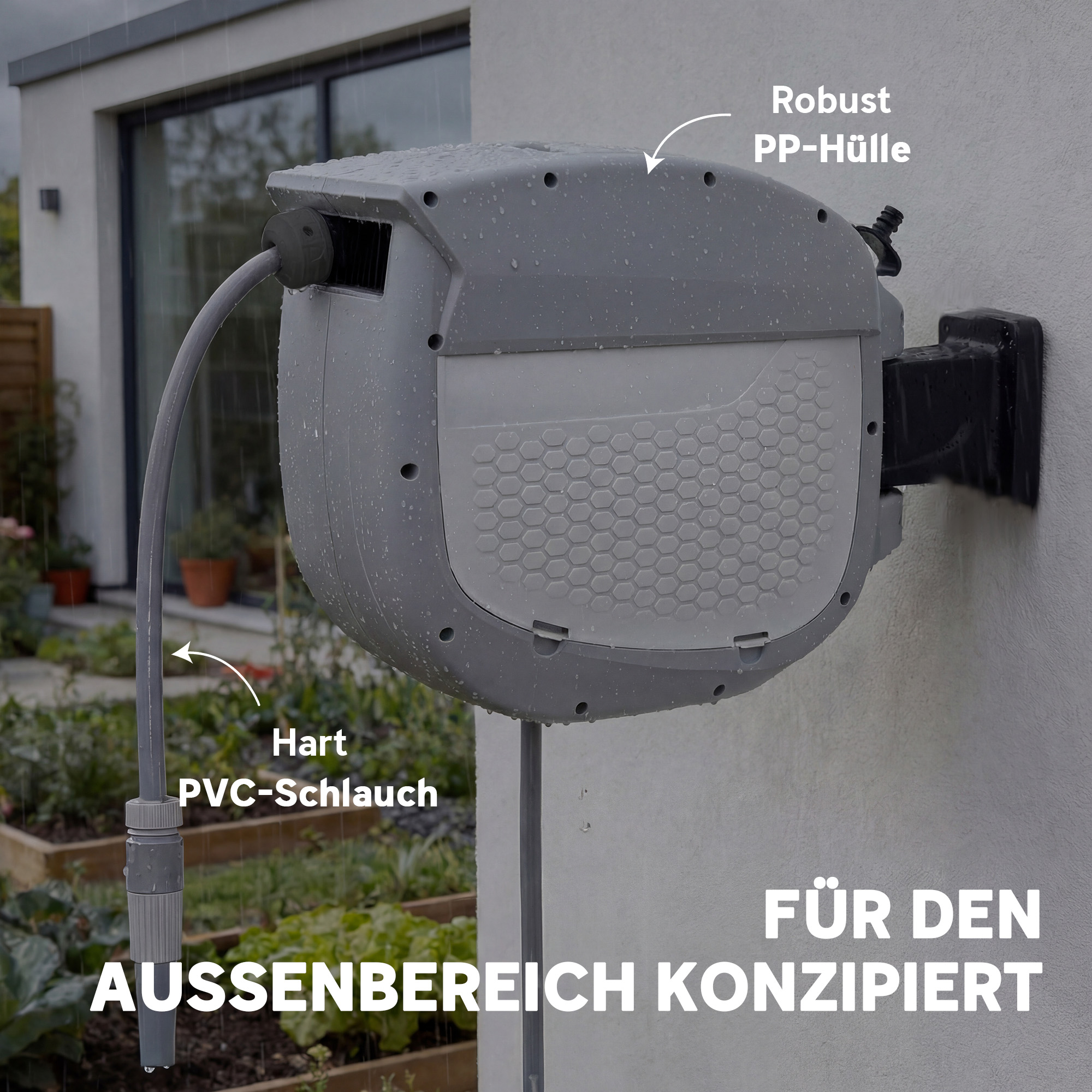 Schlauchtrommel mit Gartenschlauch 30 m, 180° schwenkbar Schlauchbox mit automatische Aufrollung Selbstverriegelung