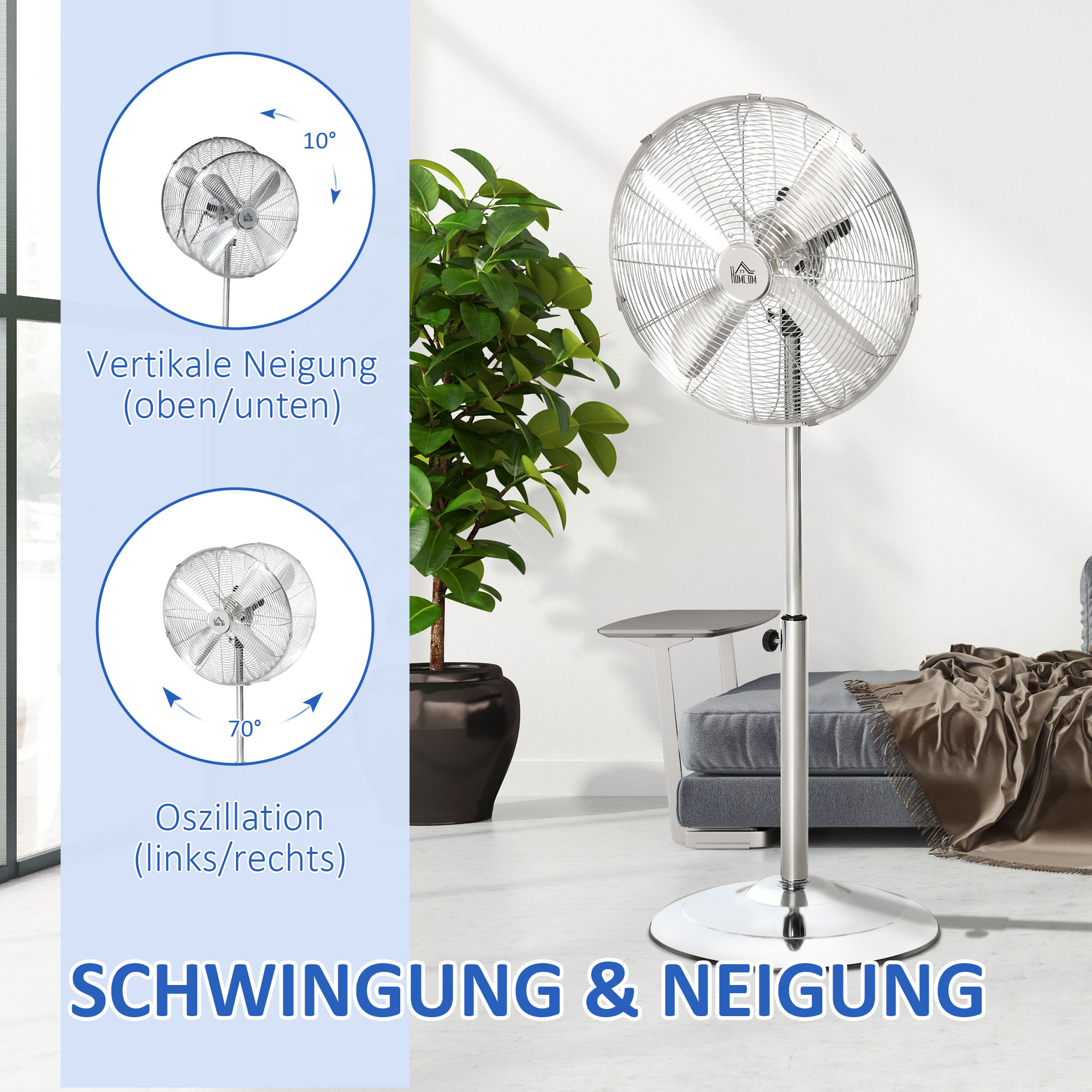 120 cm Standventilator, Ventilator, Höhenverstellbarer Lüfter, 3 Geschwindigkeitsstufen, Verstellbarer Neigungswinkel, Stahl, Silber