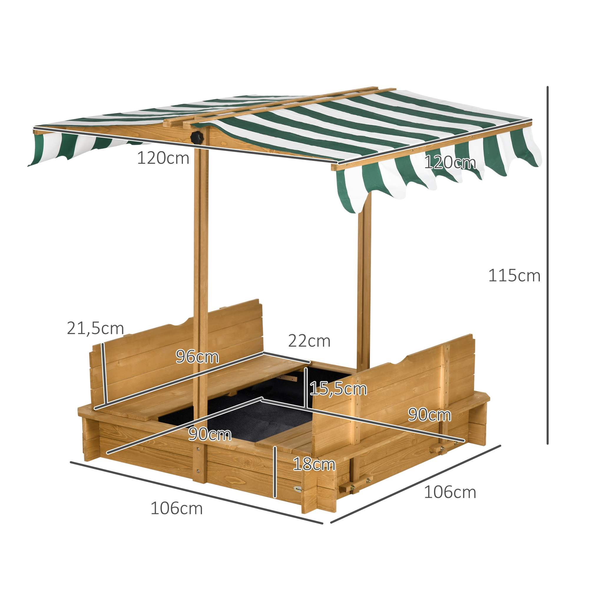 Sandkasten 106x106 cm Kinder Sandbox aus Holz mit höhenverstellbar Abdeckung Sitzbänken Rücklehnen Hellbraun