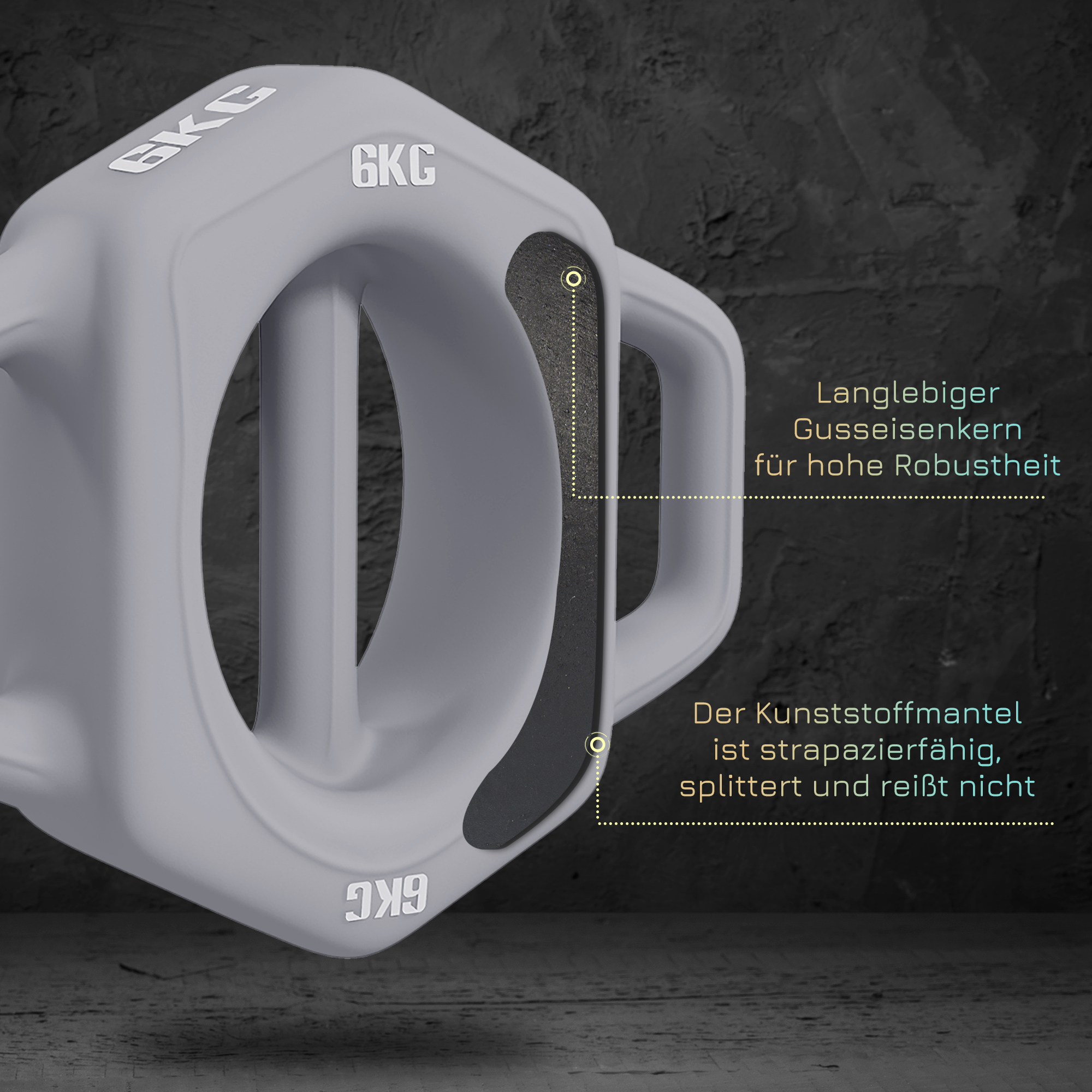 3-in-1 Multifunktionshantel, 6 kg, rutschfest, geruchsarm, Kunststoffmantel, Eisenkern, grau