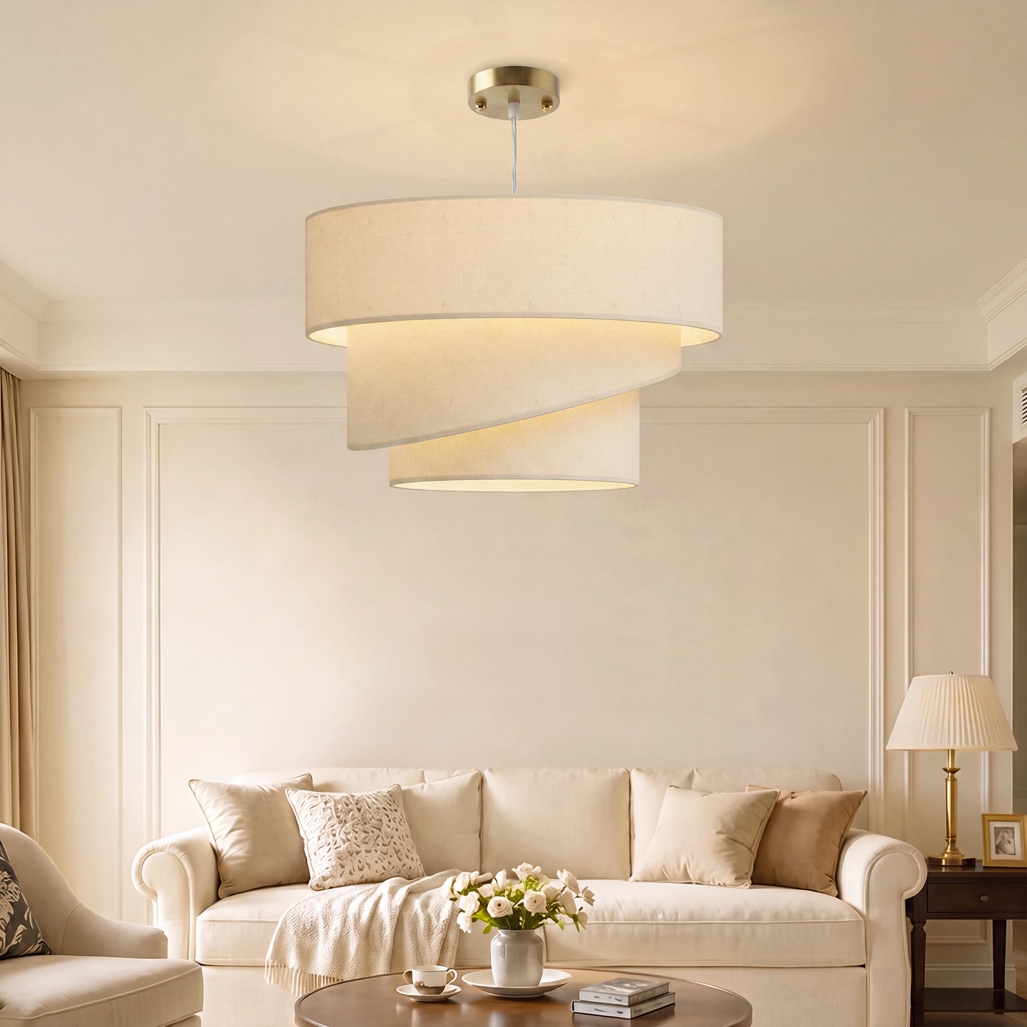 Pendelleuchte mit 3 Leinenschirmen, moderne Deckenlampe höhenverstellbar, Beige, Leuchtmittel nicht enthalten