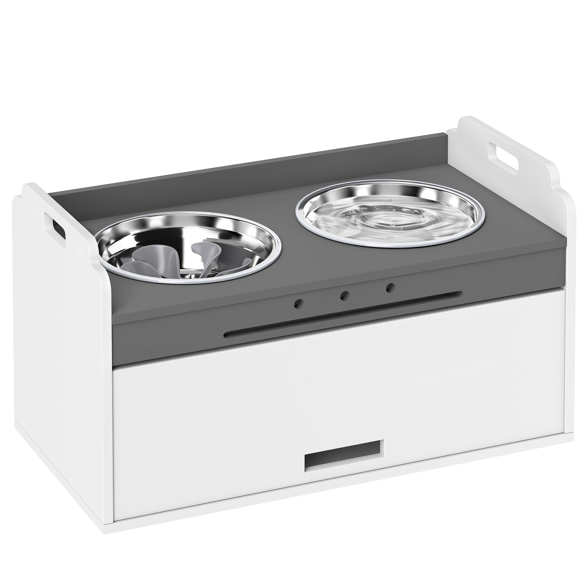 Hundenapf erhöht Futternapf mit Aufbewahrungsschrank, 2 Schüsseln mit Anti-Rutsch-Ringe, 60 x 30 x 35,5 cm, Weiß