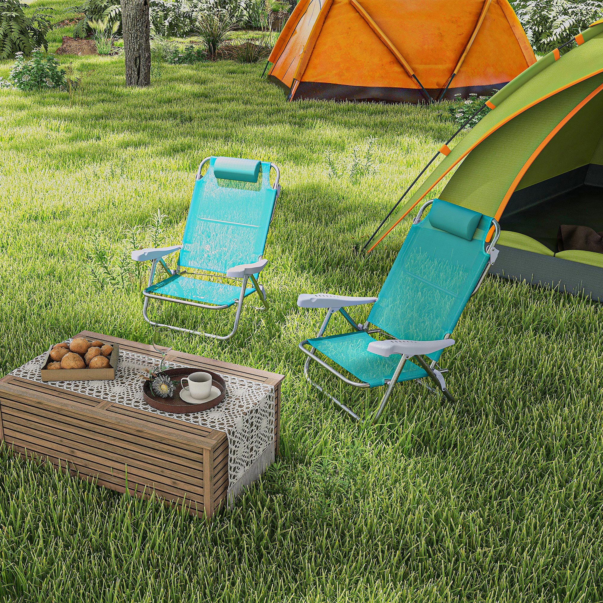 2er Set Campingstühle klappbar Campingstuhl mit 6-fach verstellbarer Netzrückenlehne Kopfstütze 62 x 65 x 80 cm Türkis