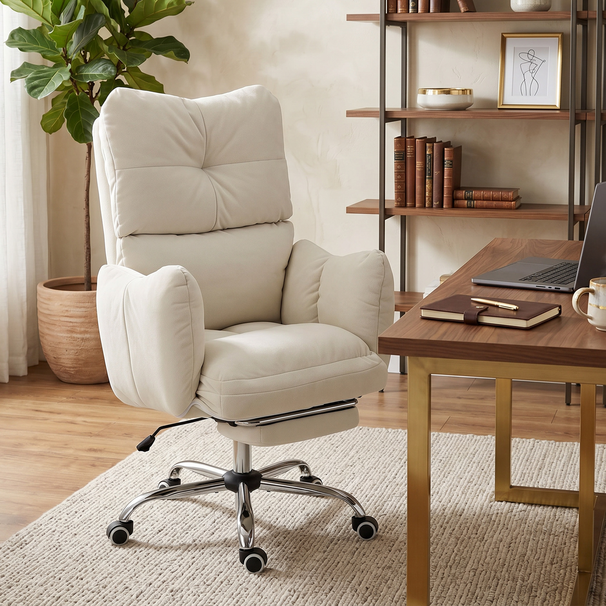 Bürostuhl mit Fußstütze, Ergonomischer Drehstuhl mit Wippfunktion, Verstellbarer Hohe Rückenlehne, Schneeflanellstoff