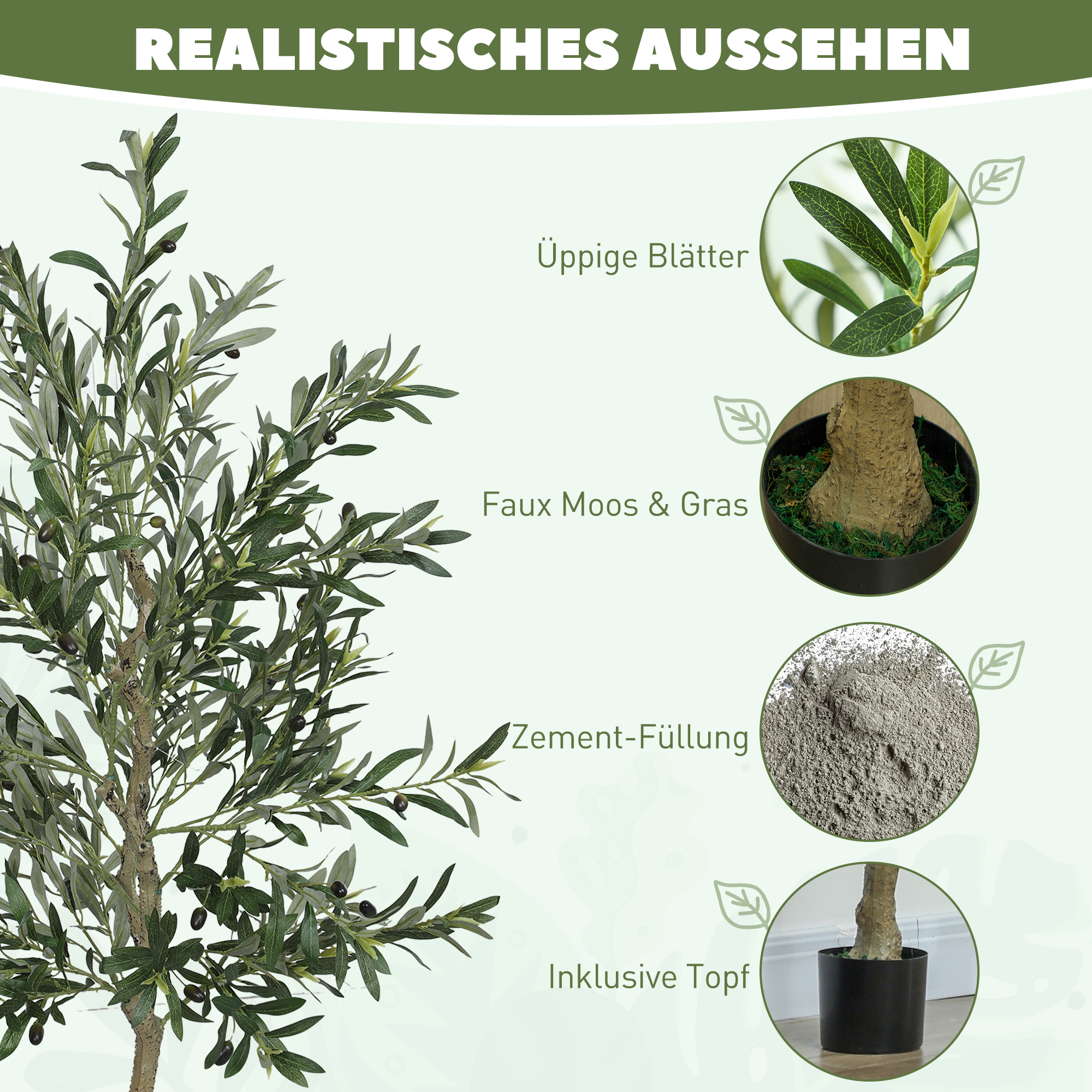 Kunstpflanze, künstlicher Olivenbaum, 180 cm, 900 Blätter, 40 Oliven, stabiler Blumentopf, Dekorationspflanze, Grün