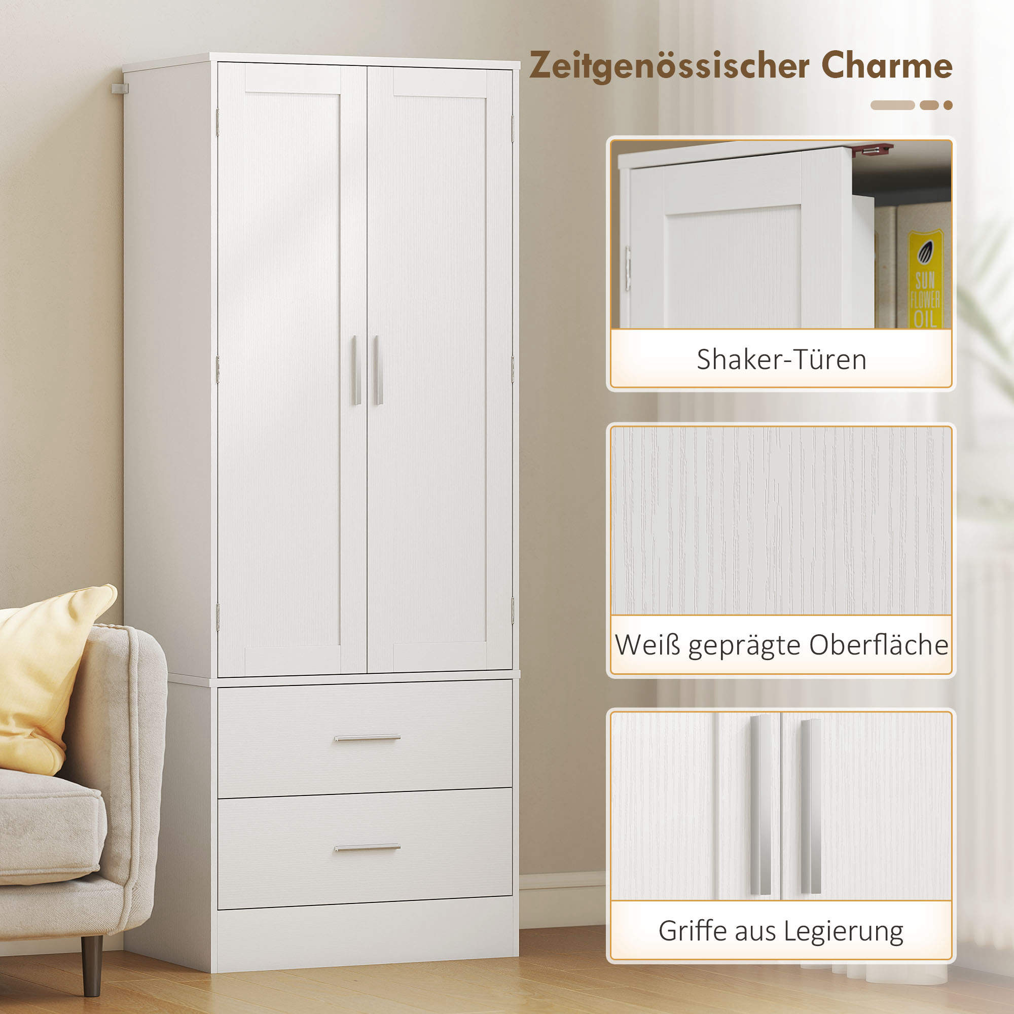 159 cm Küchenschrank, verstellbare Regale, 2 Schublade, für Küche, Esszimmer, Spanplatte, MDF, Weiß
