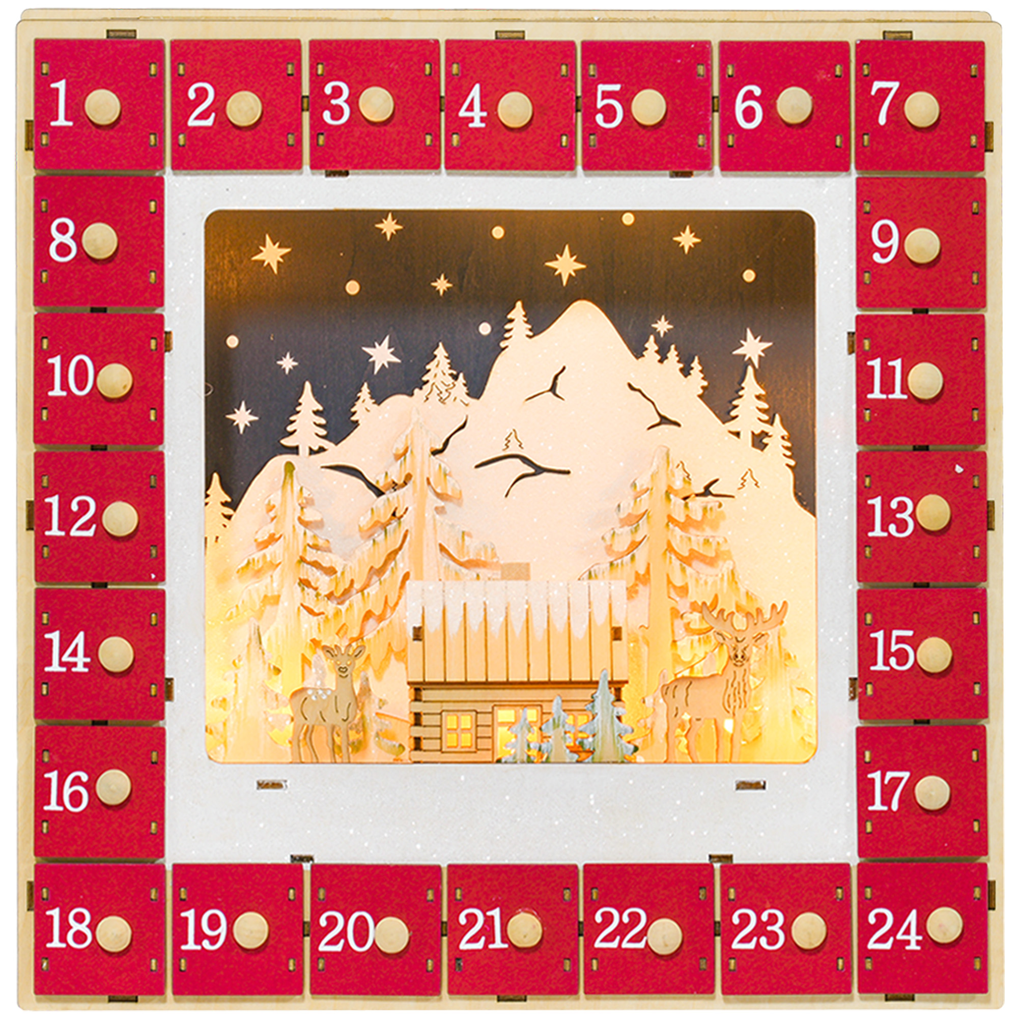 LED Adventskalender mit Dorfszene, 24 große Schubladen, MDF, 34 x 7 x 34 cm, Rot LED Adventskalender mit Dorfszene, 24 große Schubladen, MDF, 34 x 7 x 34 cm, Rot