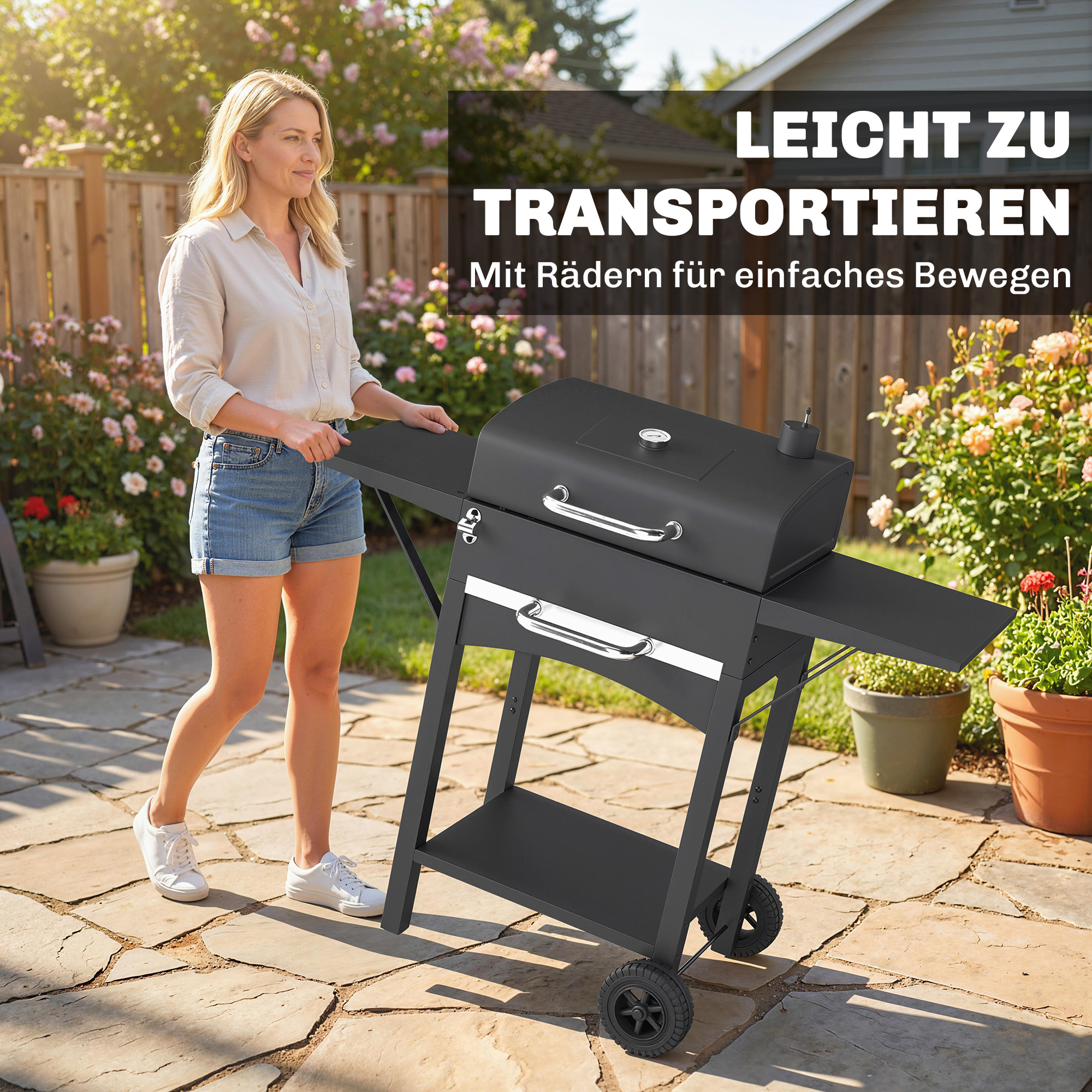 Holzkohlegrill mit Deckel, BBQ Smoker Grill mit 2 Seitentischen Große Grillfläche Grillrost Thermometer Räder