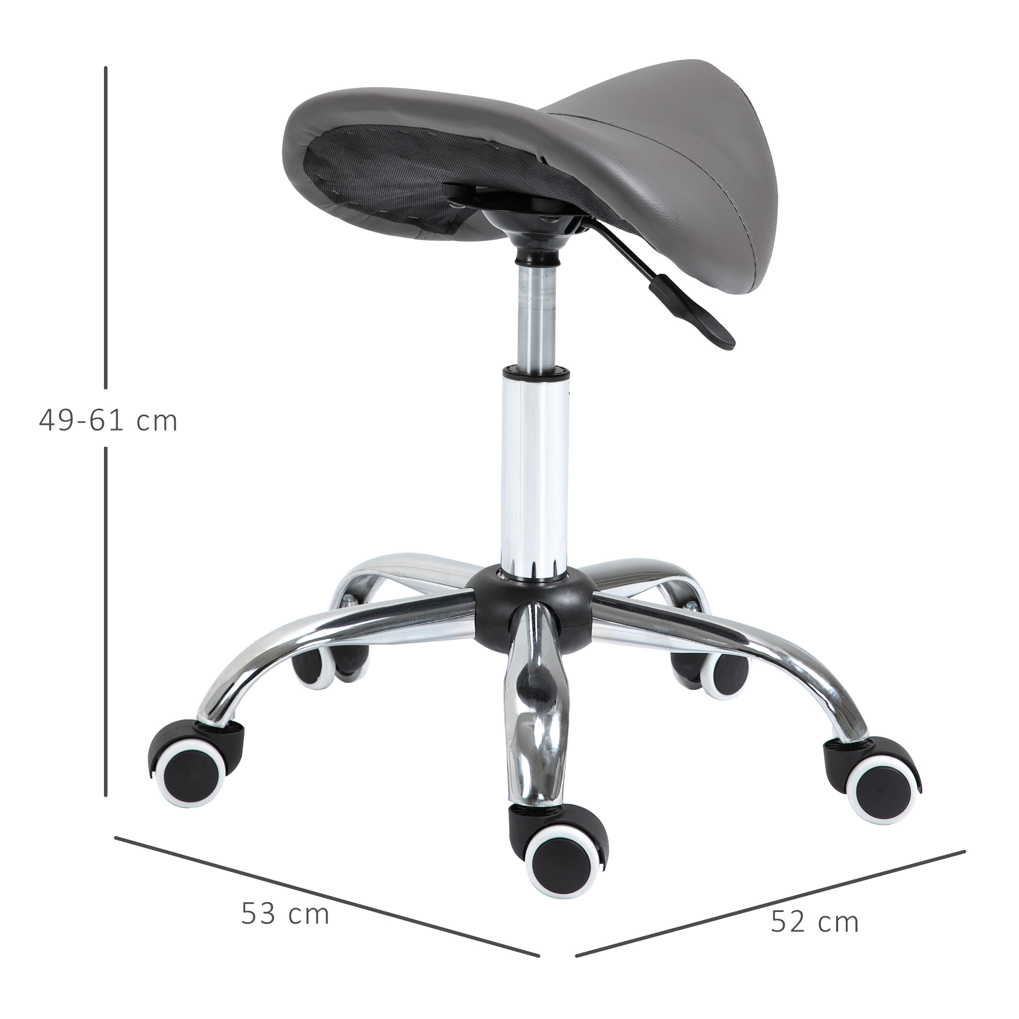 Rollhocker, sattelförmiger Sitz, höhenverstellbar, um 360° drehbar, Kunstleder, dunkelgrau, 53 x 52 x 49-61 cm