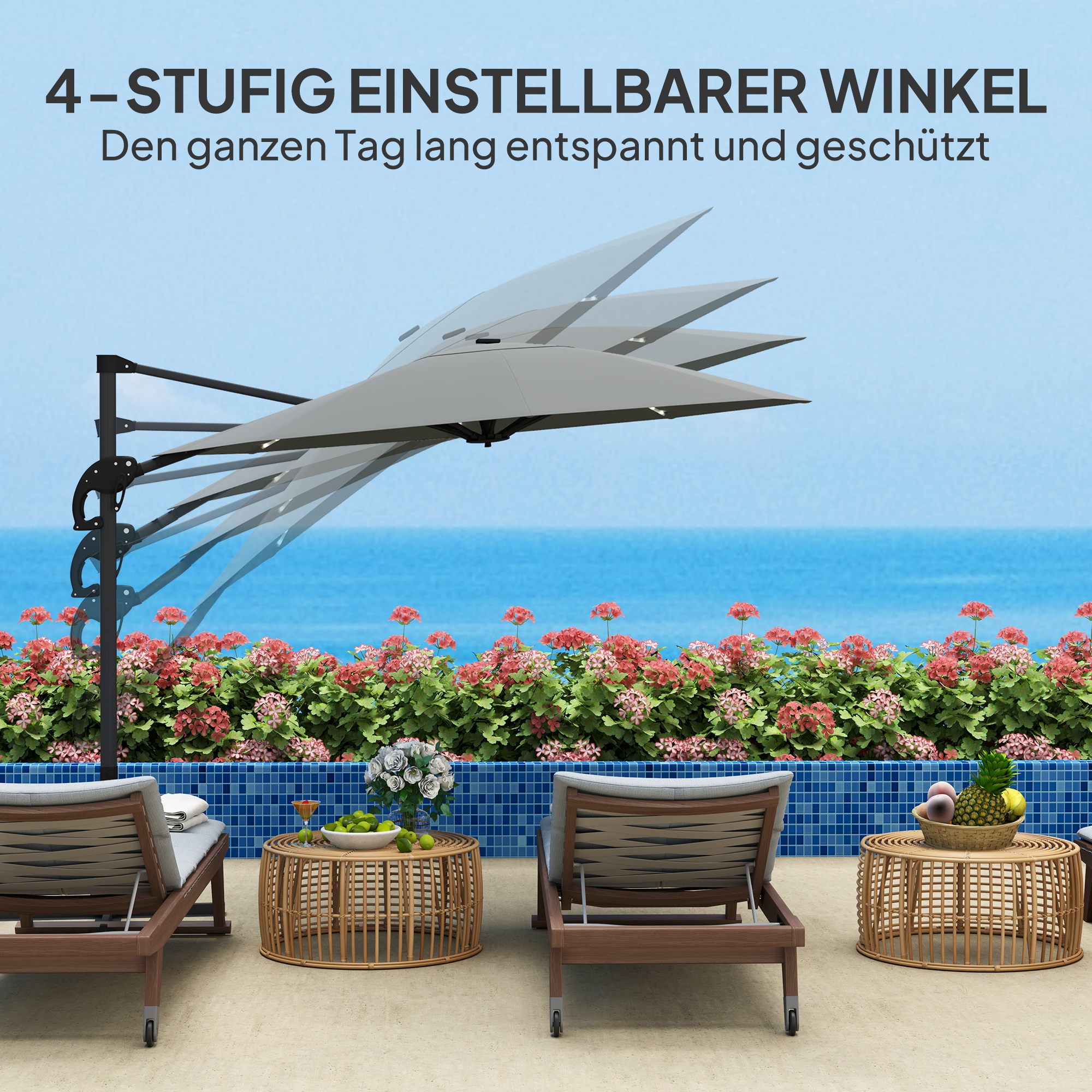 Alu Ampelschirm LED Solar Ø300 cm höhenverstellbar Sonnenschirm mit Kurbel Ständer UV50+ Dunkelgrau