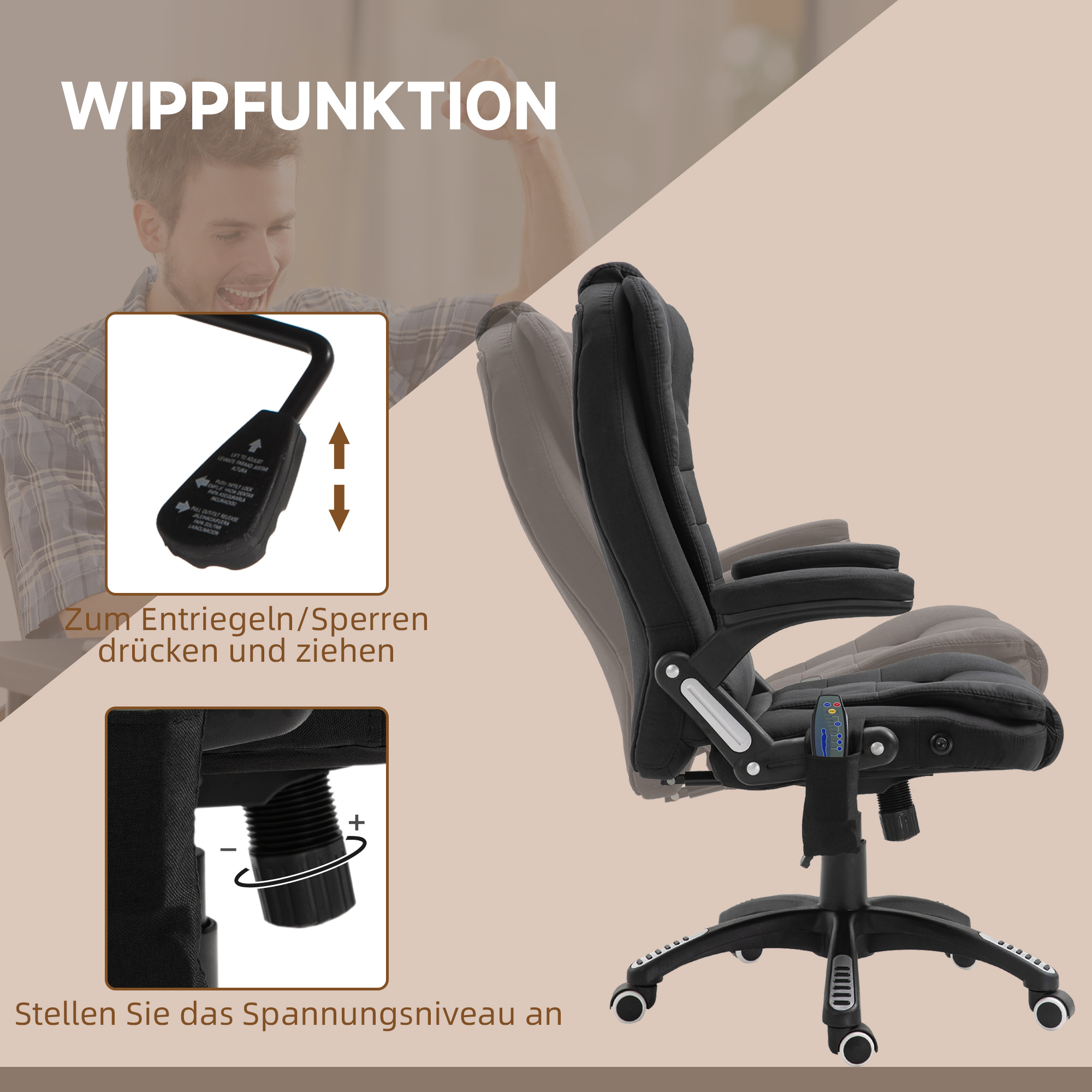 Bürostuhl mit Vibrationsmassage, Ergonomisch Schreibtischstuhl mit Heiz-, Liegefunktion, Höhenverstellbar Chefsessel mit Fernbedienung, Seitentasche, Leinenoptik, Schwarz