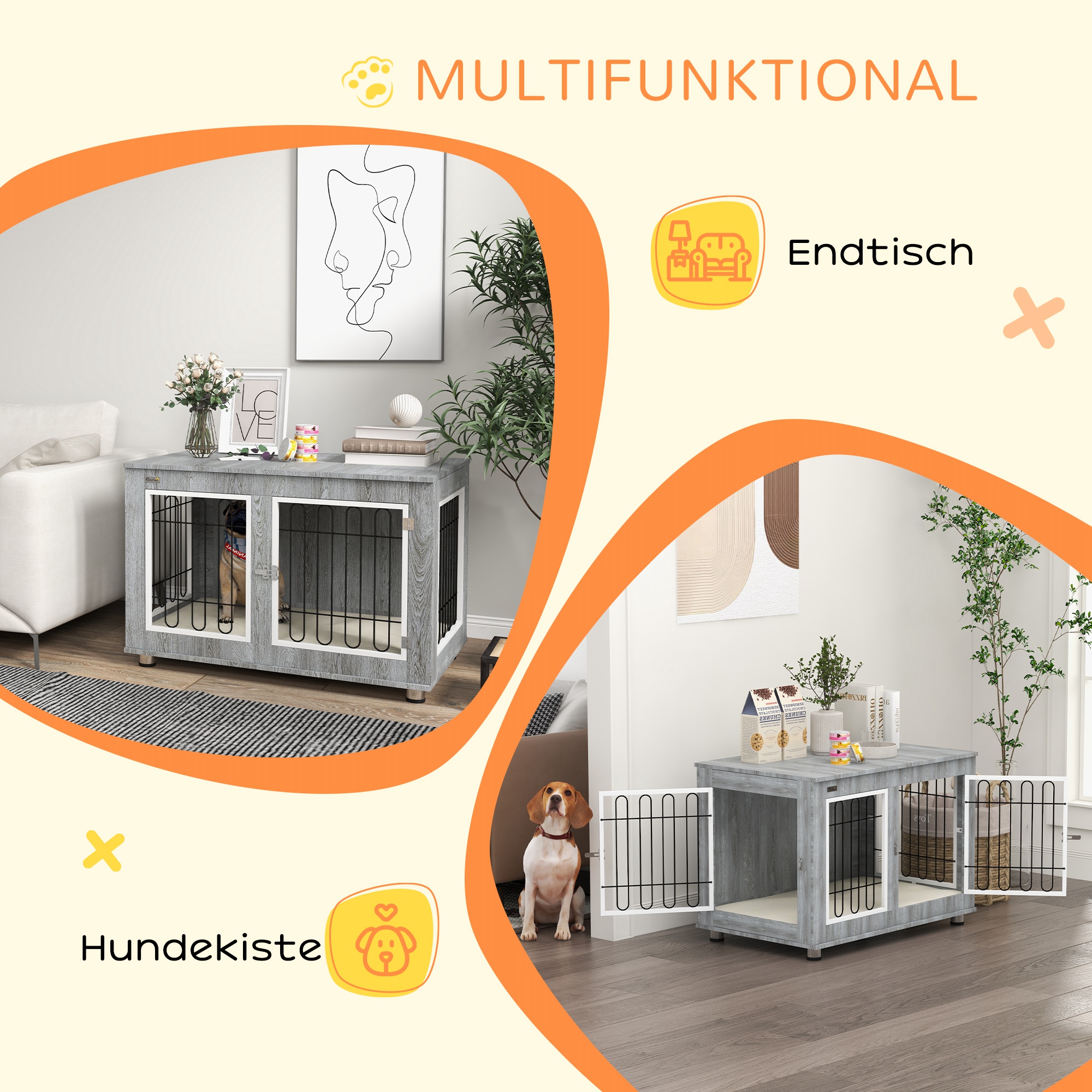 Hundekäfig Hundebox waschbares Polster, 2 Verriegelungen, 90 cm x 58 cm x 65 cm, Grau