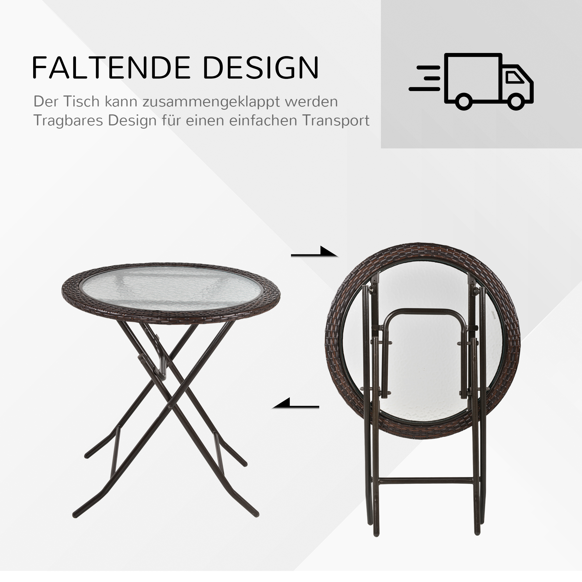 Gartentisch, klappbar, Hartglastischplatte, Stahlrahmen, Rattan-Dekor, braun, 68 x 68 x 73 cm
