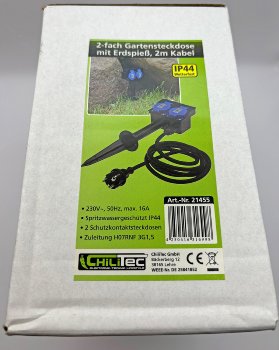 Gartensteckdose mit Erdspieß, 2-fach / IP44, 2m Kabel