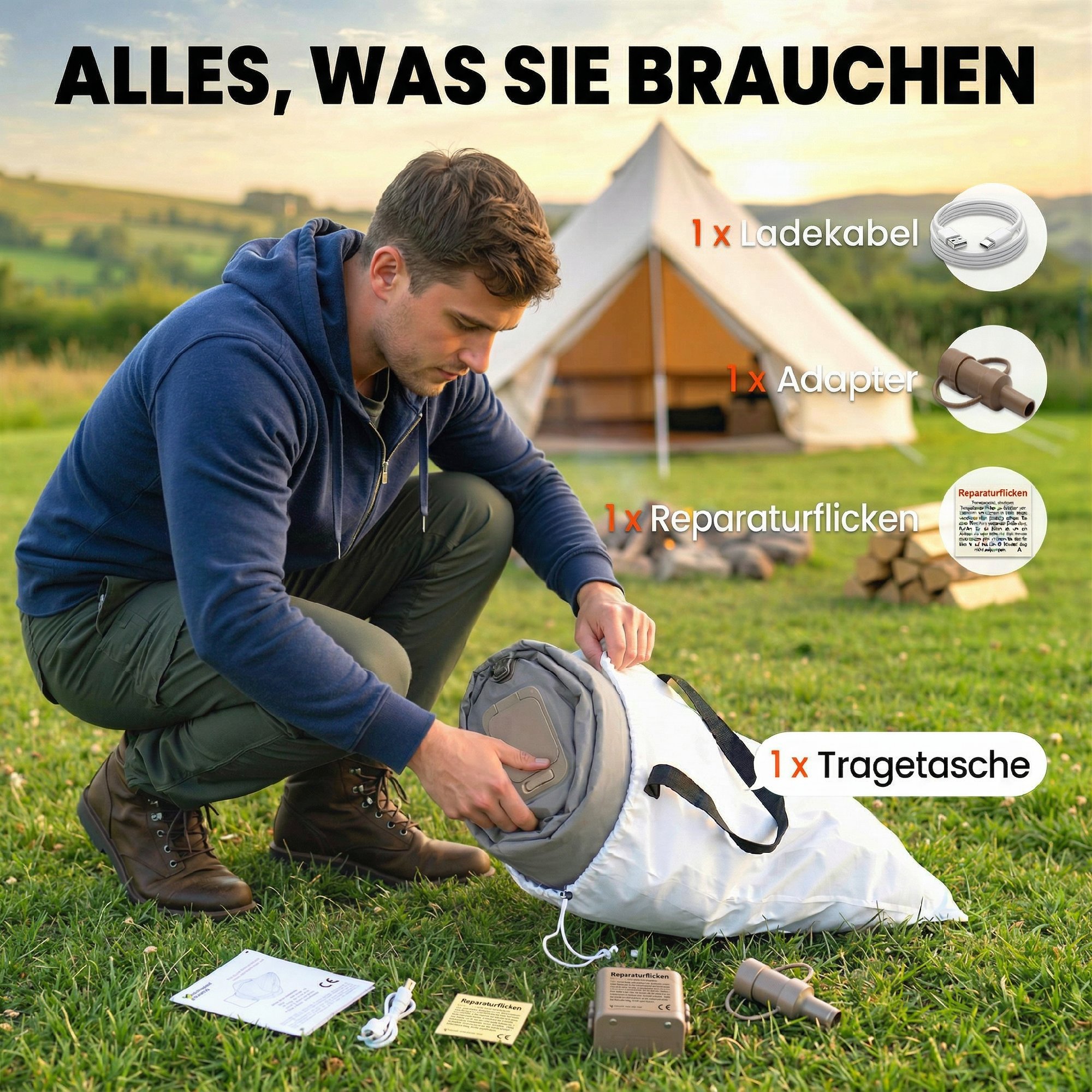 Luftmatratze, 1 Person, selbstaufblasend, Luftbett mit Integrierter elektrischer Pumpe in 3 Minuten Beflockte Oberfläche