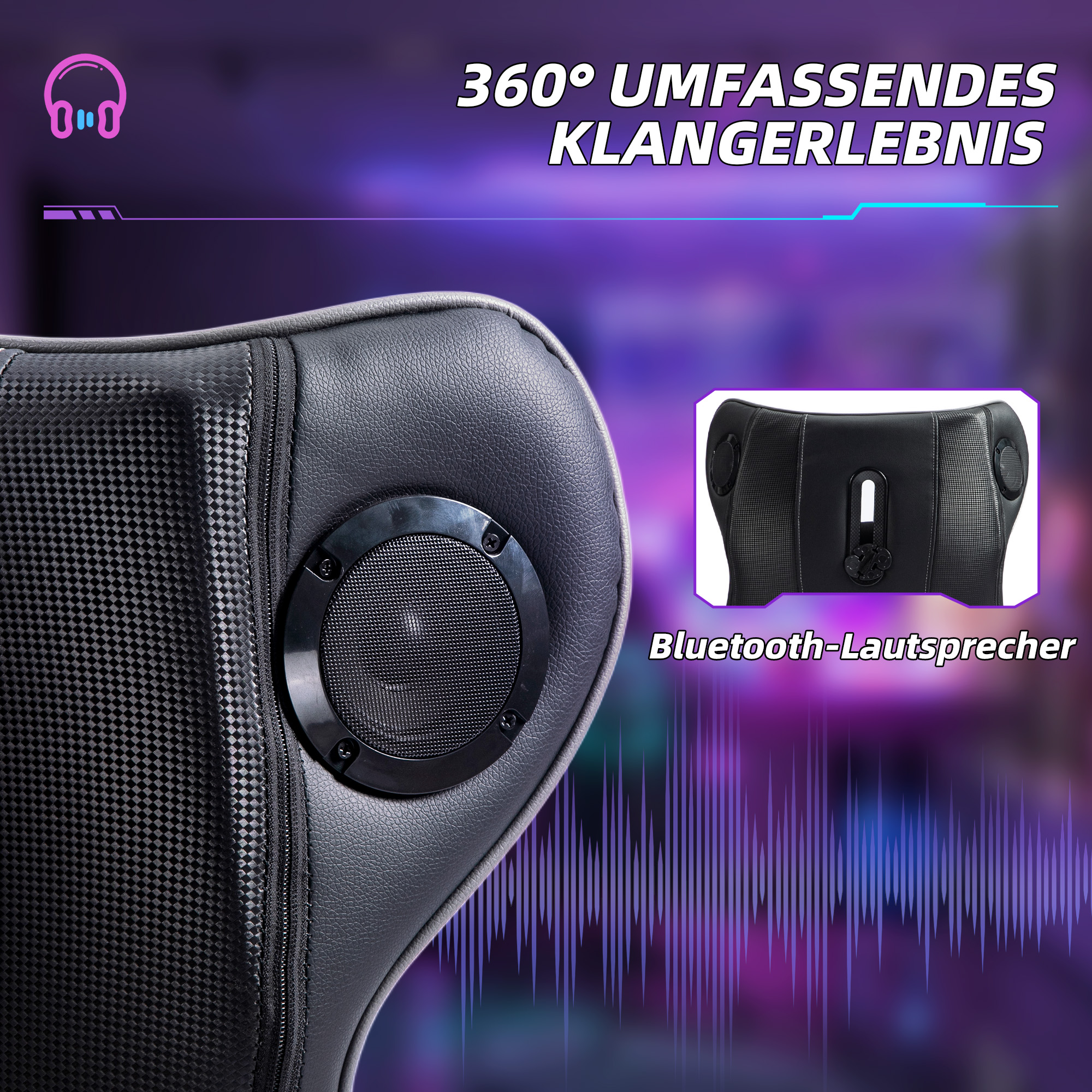 Gaming Stuhl mit Schaukelfunktion und Lautsprecher, Lenden- und Nackenstütze, für Spielzimmer, Kunstleder, Grau+Schwarz