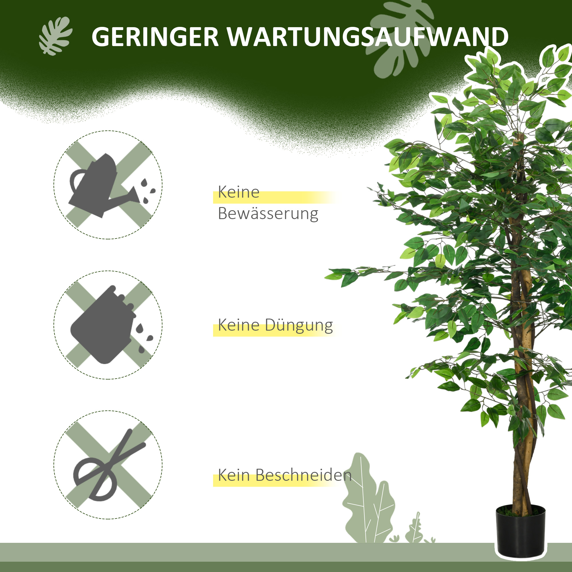 Ficusbaum Kunstpflanze, naturgetreu, 150 cm hoch, mit Topf, Grün