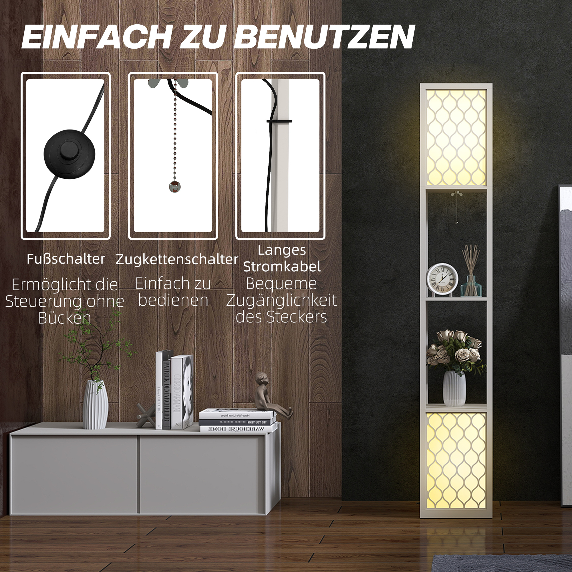 Stehleuchte im modernen Design, 2 Ablagen, Ziehkettenschalter, 26 cm x 26 cm x 156 cm, Schwarz + Weiß