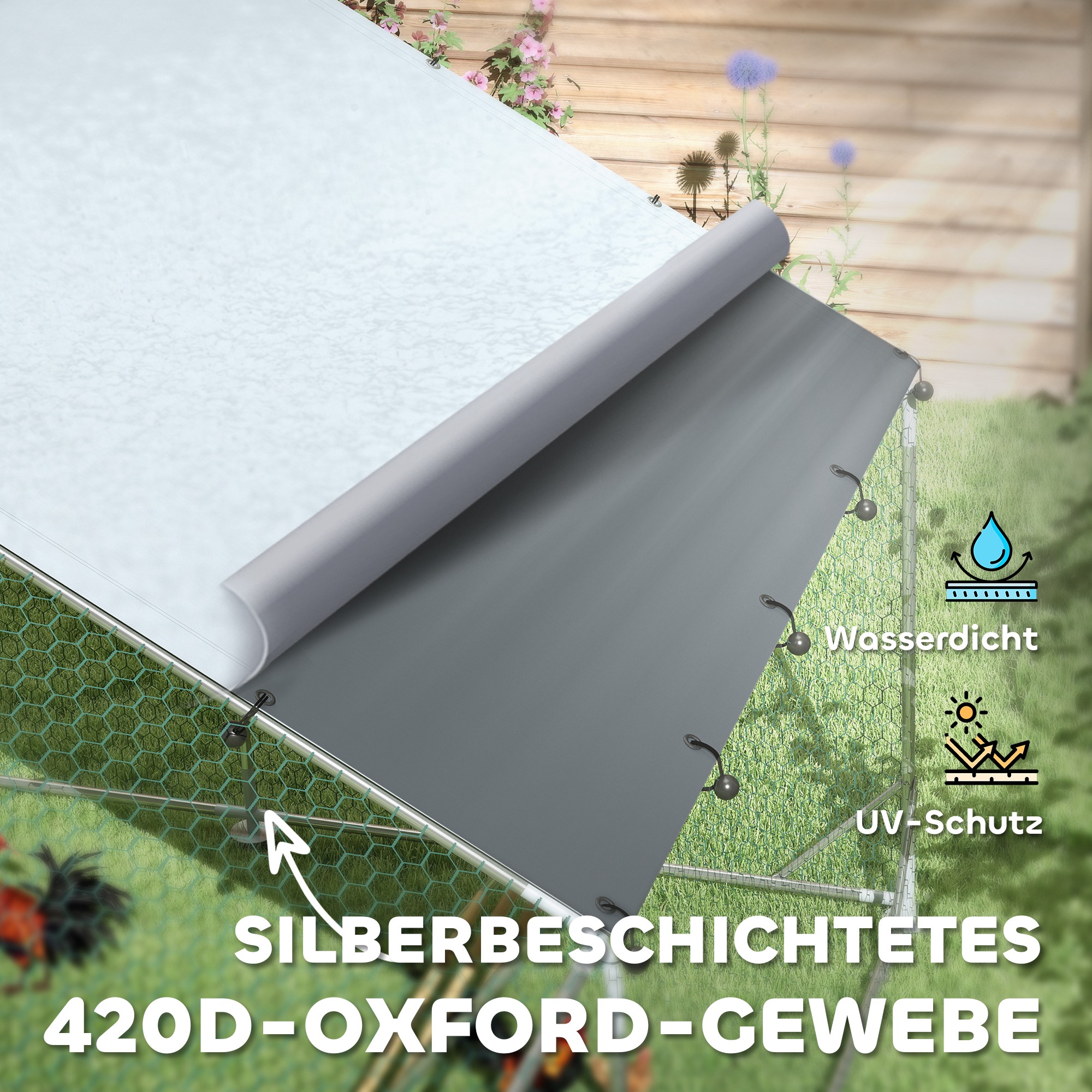 Hühnerstall, Freilaufgehege für Hühner, mit UV-beständiger Plane, Stahlgitter, Futterautomat, für 12-18 Hühner