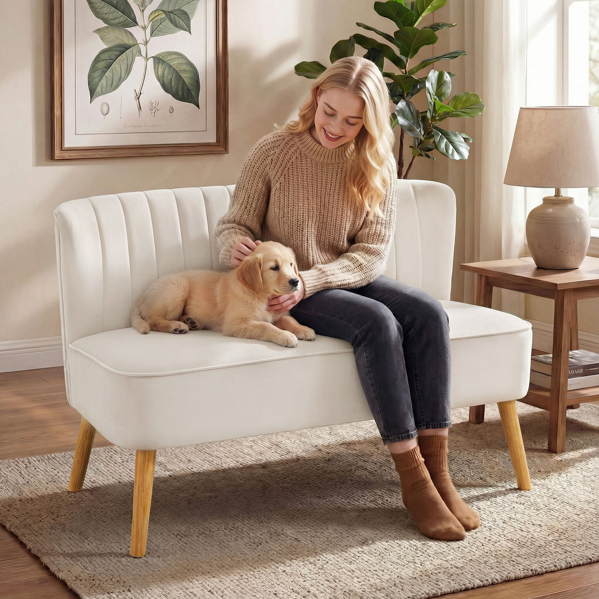 Sofa Retrodesign 2-Sitzer-Sofa, Holzbeine, 117 cm x 56,5 cm x 77 cm, Cremeweiß