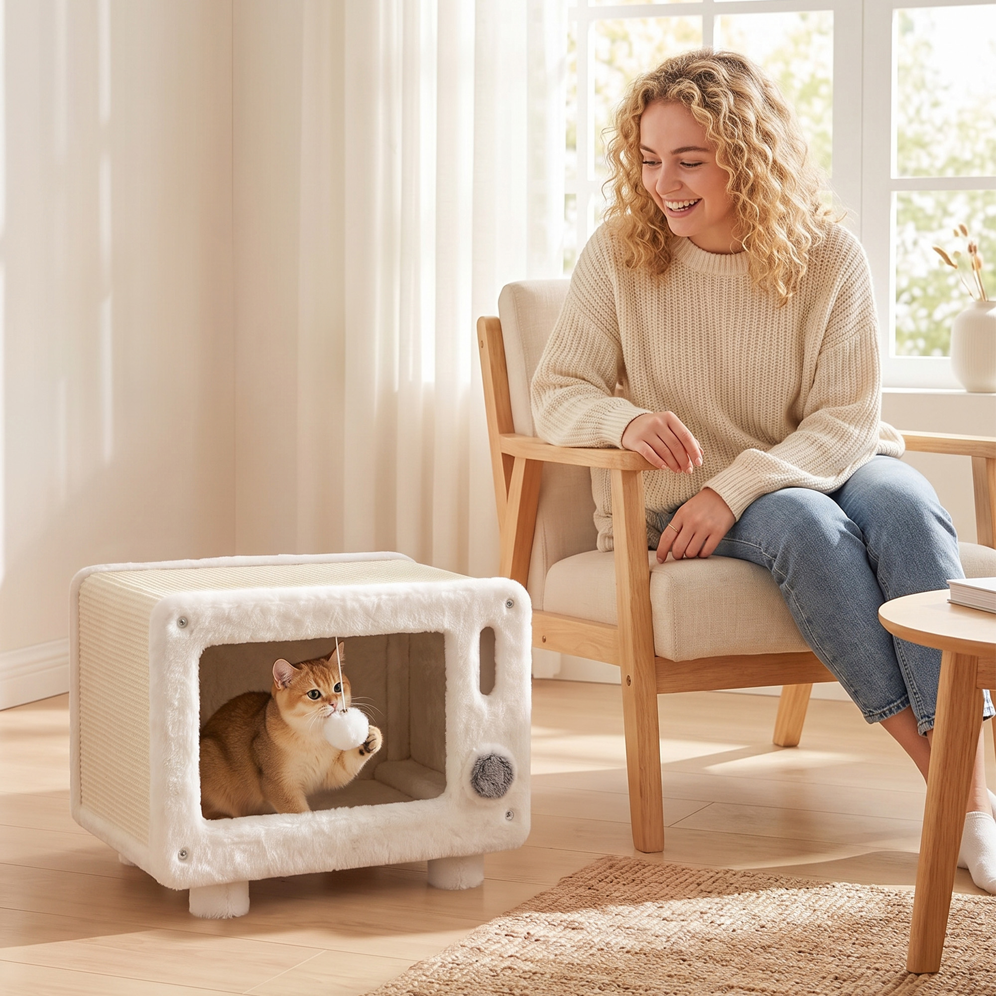 Katzenhaus im TV-Design, Katzenhöhle mit Hängematte und Spielball, Sisal-Kratzmatte, für Katzen bis 7 kg 50 x 33 x 42 cm