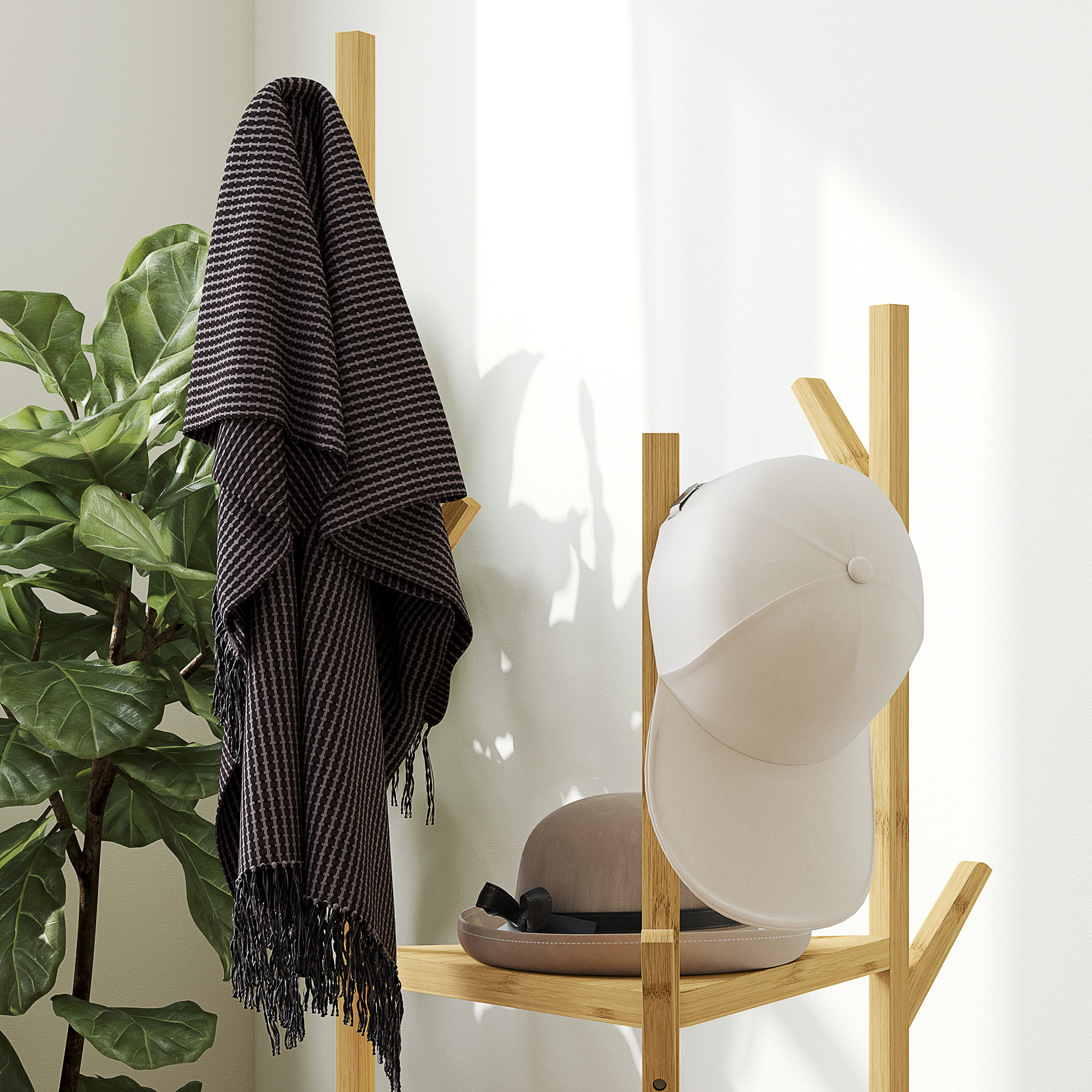 Kleiderständer, Garderobenständer aus Bambusholz, 9 Haken, 3 Ablagen, Natur