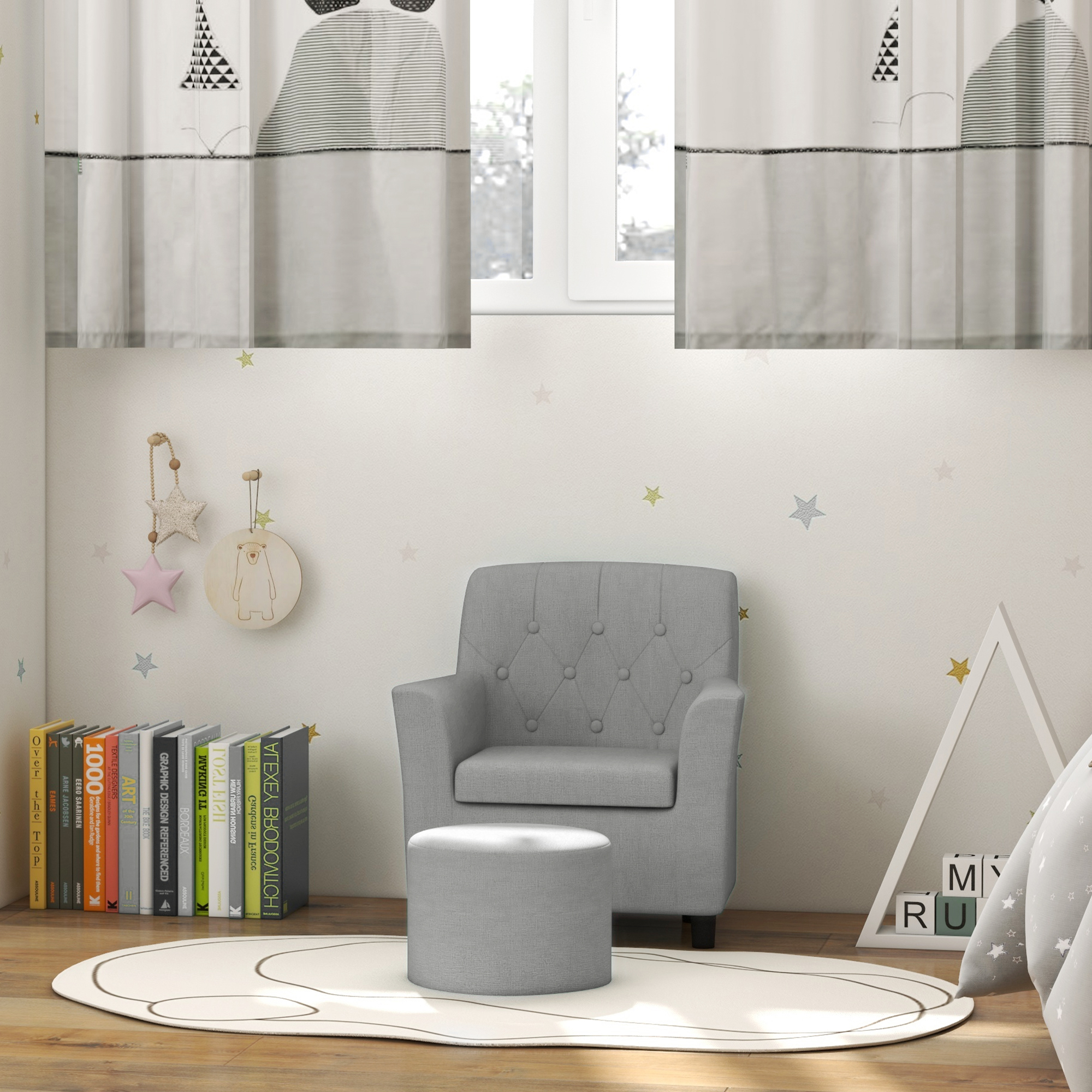 Kindersessel mit Hocker, Rückenlehne Diamantmuster, weiche Sitzfläche, Holzrahmen, Grau