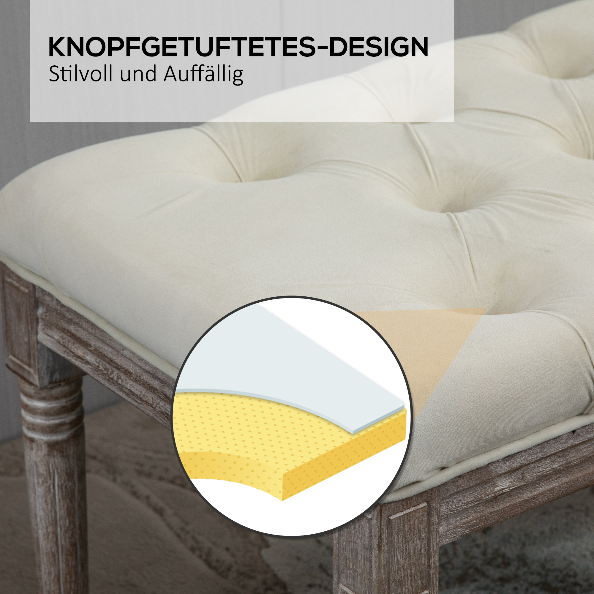 Polsterbank Sitzbank Vintage Bettbank mit Knöpfen Samtige Berührung Gummiholz Beige 142 x 47 x 51 cm
