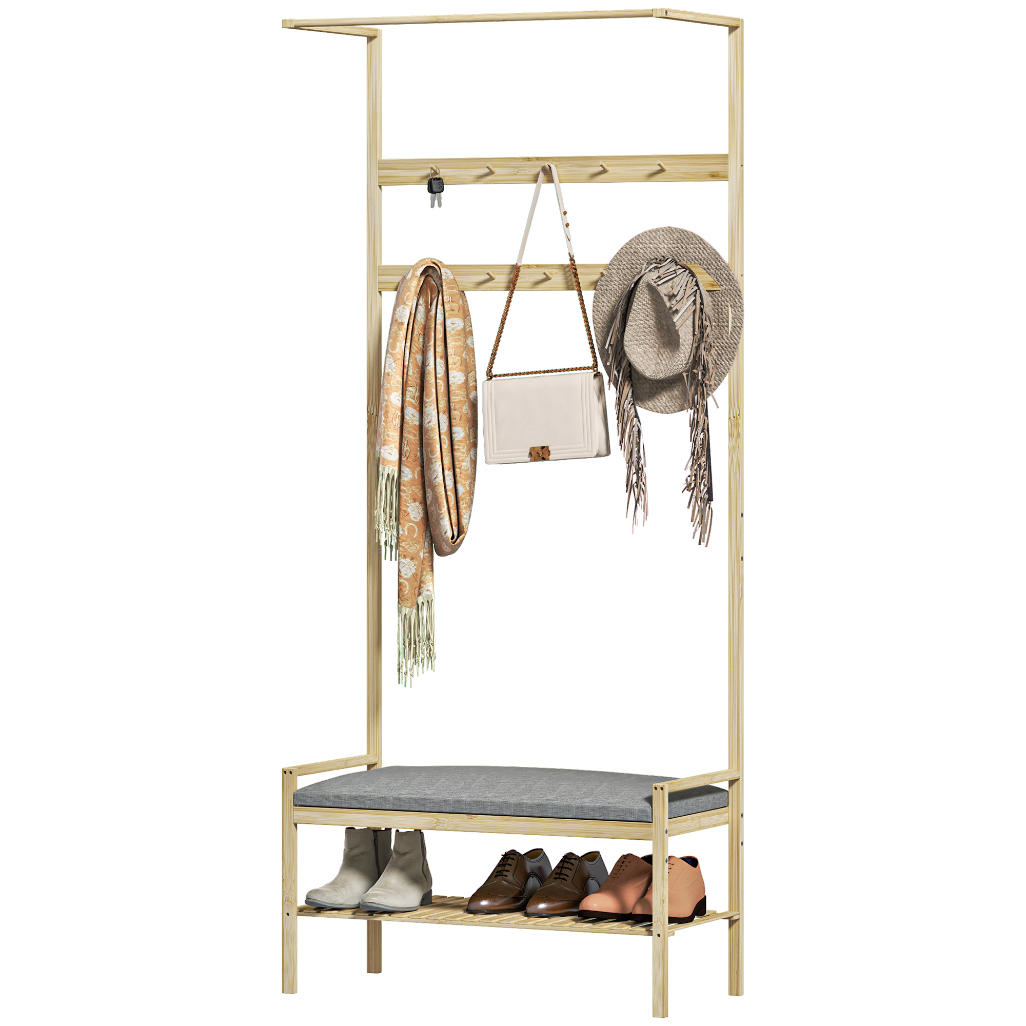 Garderobe mit Schuhbank, Kleiderstange, 10 Kleiderhaken, Schuhablage, Bambus Garderobe mit Schuhbank, Kleiderstange, 10 Kleiderhaken, Schuhablage, Bambus