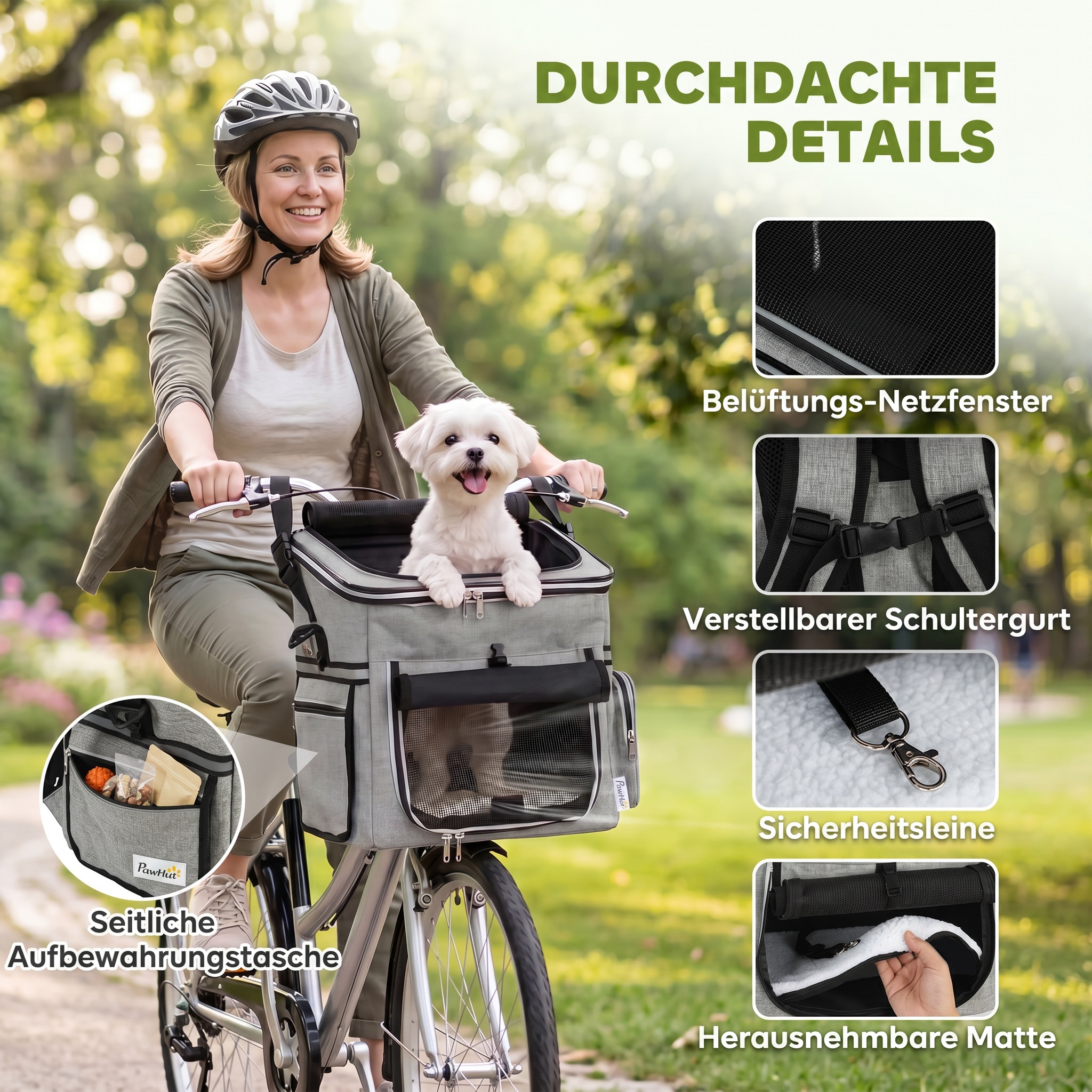 Hundekorb Fahrrad Vorne Tragbar Hundefahrradkorb mit Sicherheitsleine Kissen Schüssel für Kleine Hunde bis 5kg Hellgrau