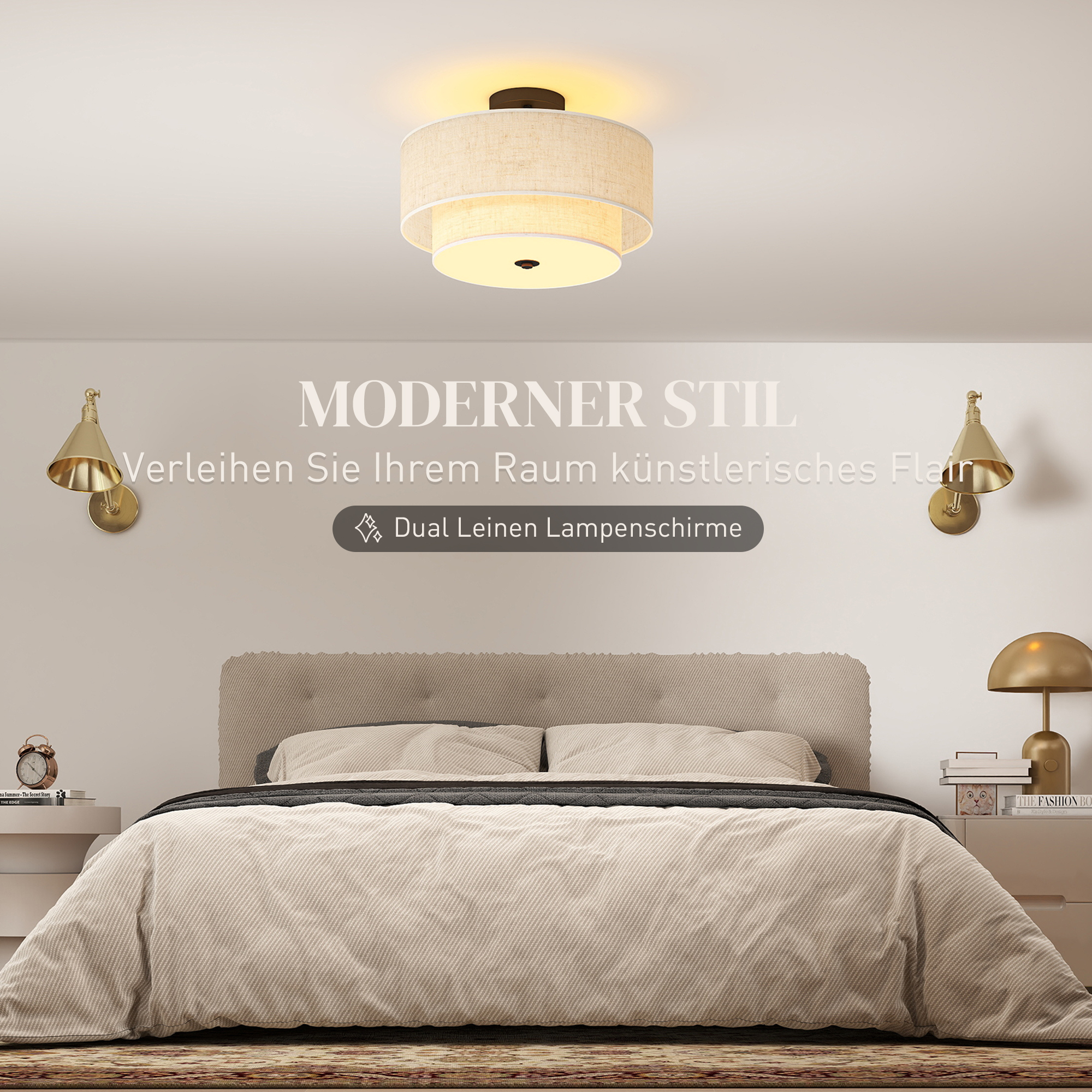 Deckenlampe, Hängeleuchte mit doppelten Schirmen in Leinenoptik, Cremeweiß