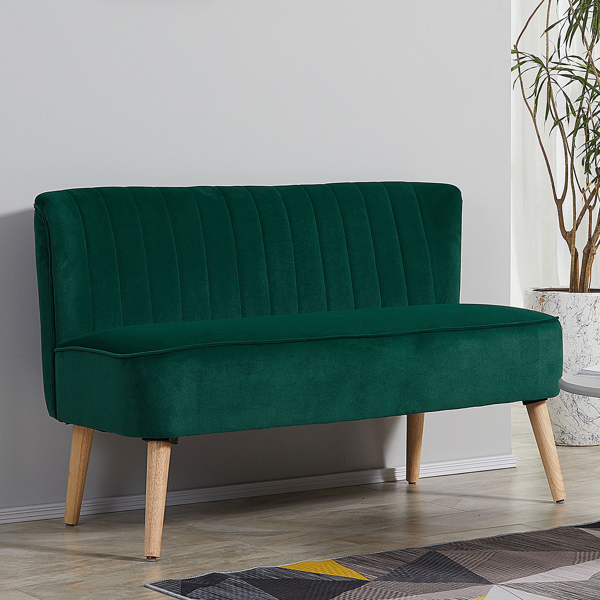 Sofa Retrodesign 2-Sitzer-Sofa, Holzbeine, 117 cm x 56,5 cm x 77 cm, Dunkelgrün
