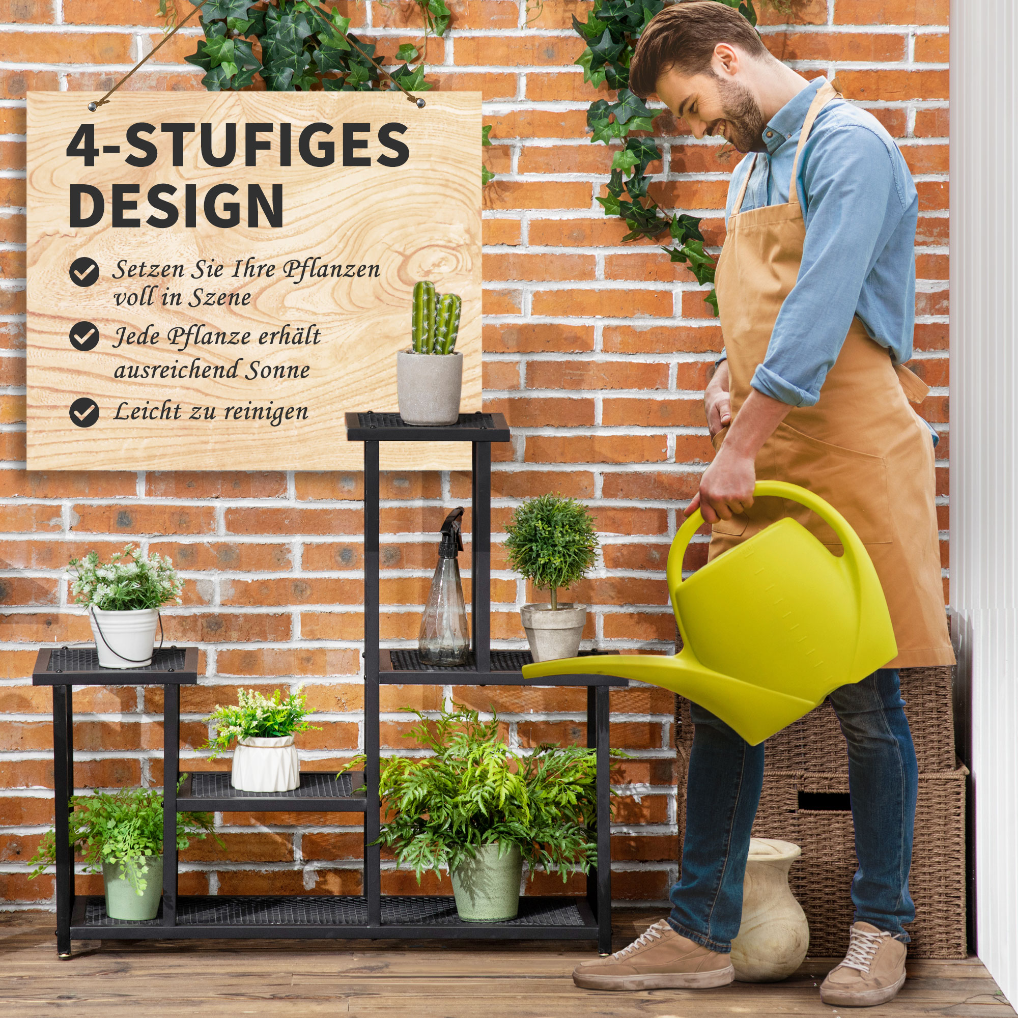 Pflanzenregal mit 4 Regalen, wetterbeständig, Blumentreppe, 91 cm x 25 cm x 83 cm, Schwarz