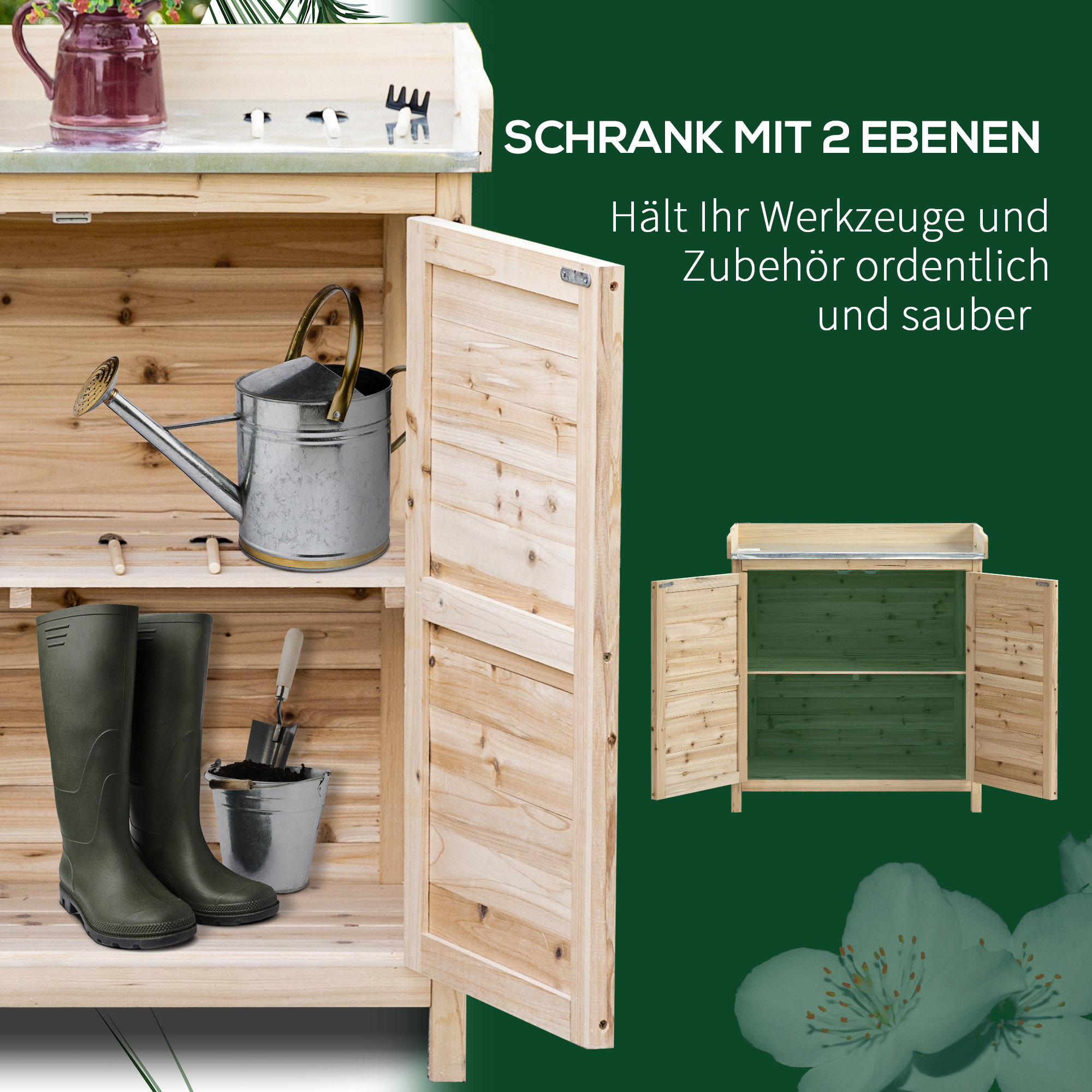 Gartenschrank mit 2 Fächern, Metall-Arbeitsplatte mit Aufkantung, Naturholz, 83 x 40 x 92 cm