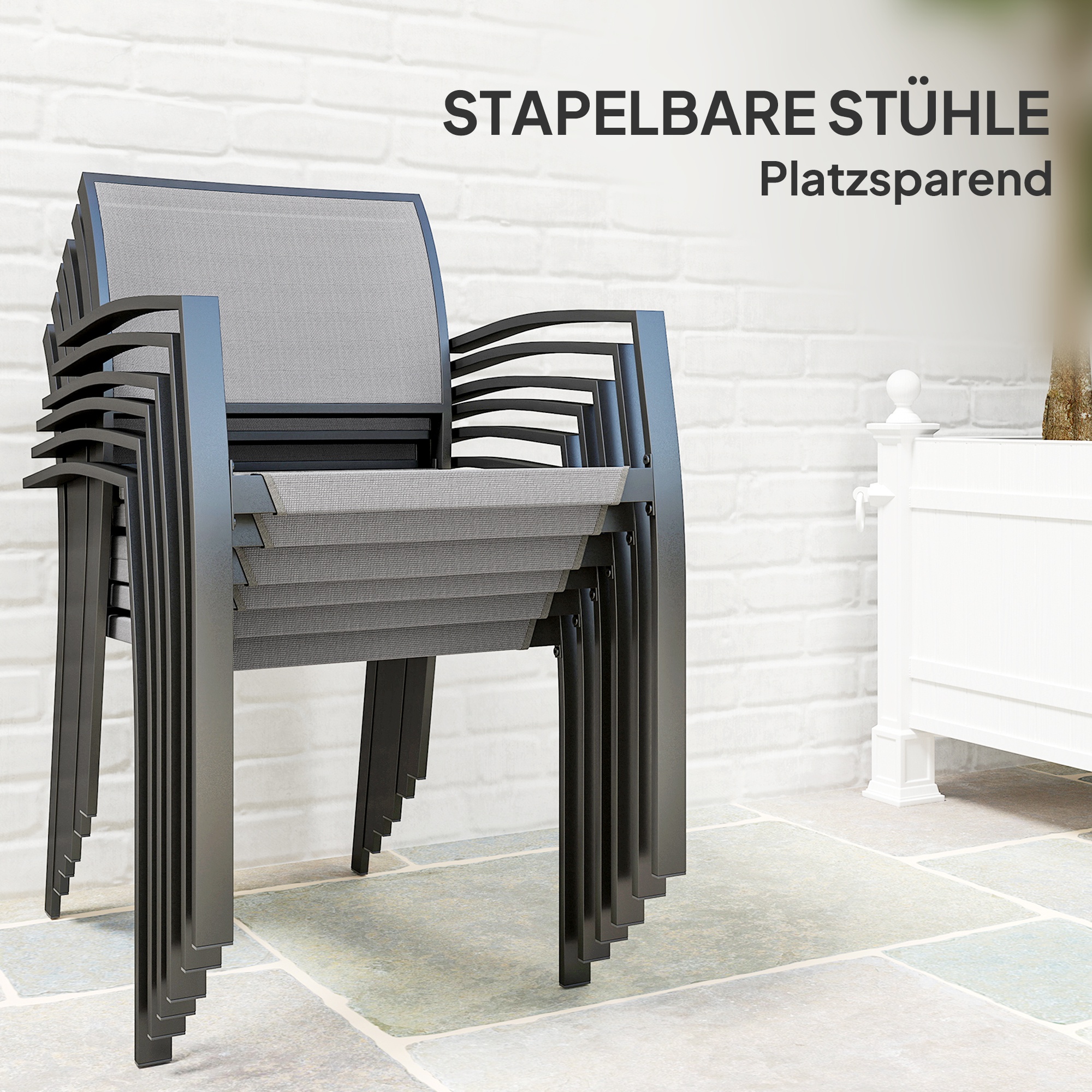 7-teiliges Ess-Set, 6 Stühle, 1 Tisch, stapelbar, leicht zu reinigen, Stahlrahmen, Gartenmöbel-Set, Grau