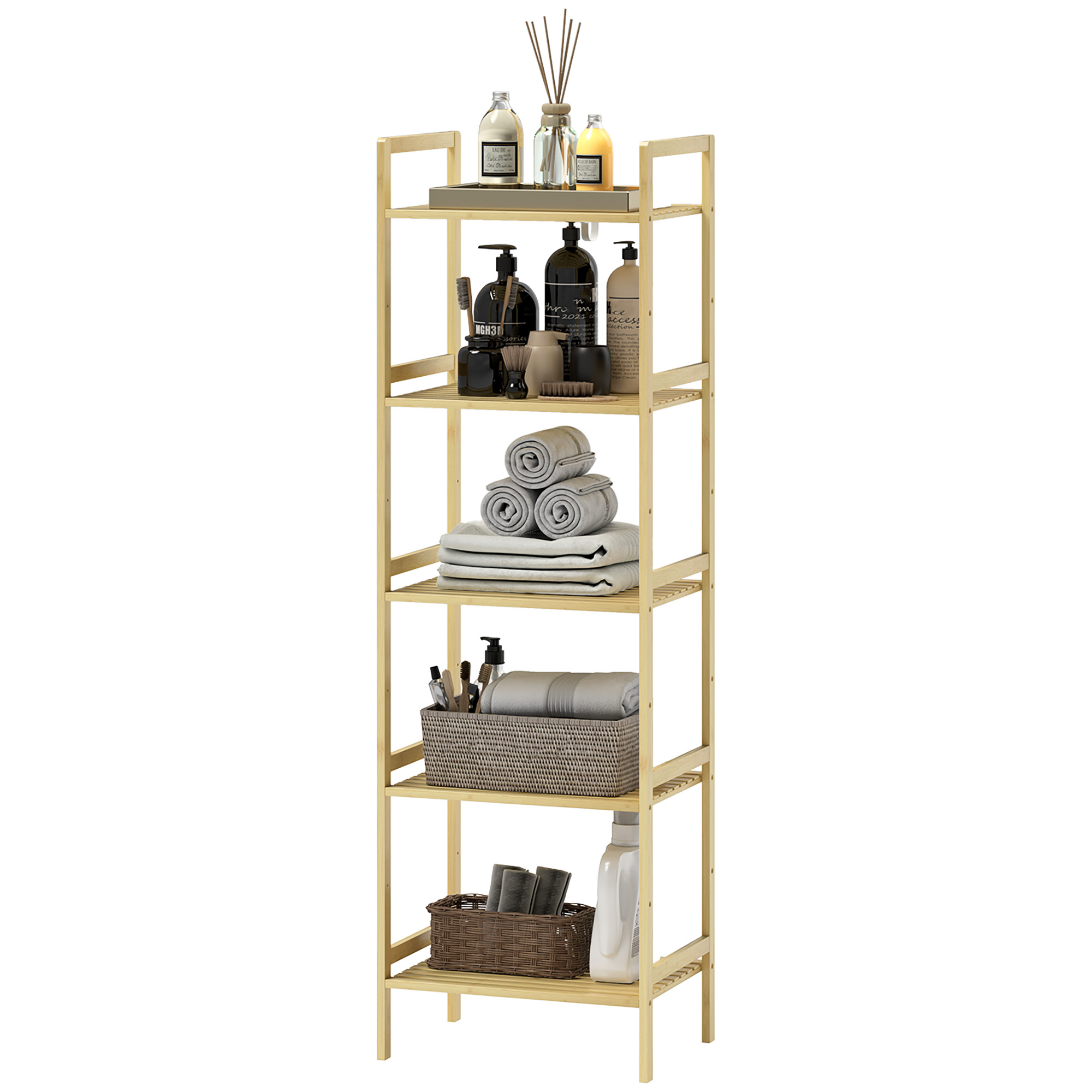 Bambus-Badezimmerregal mit 5 Ebenen, Aufbewahrungsregal mit verstellbaren Regalböden, 43,5 x 31,5 x 142 cm, Naturholz