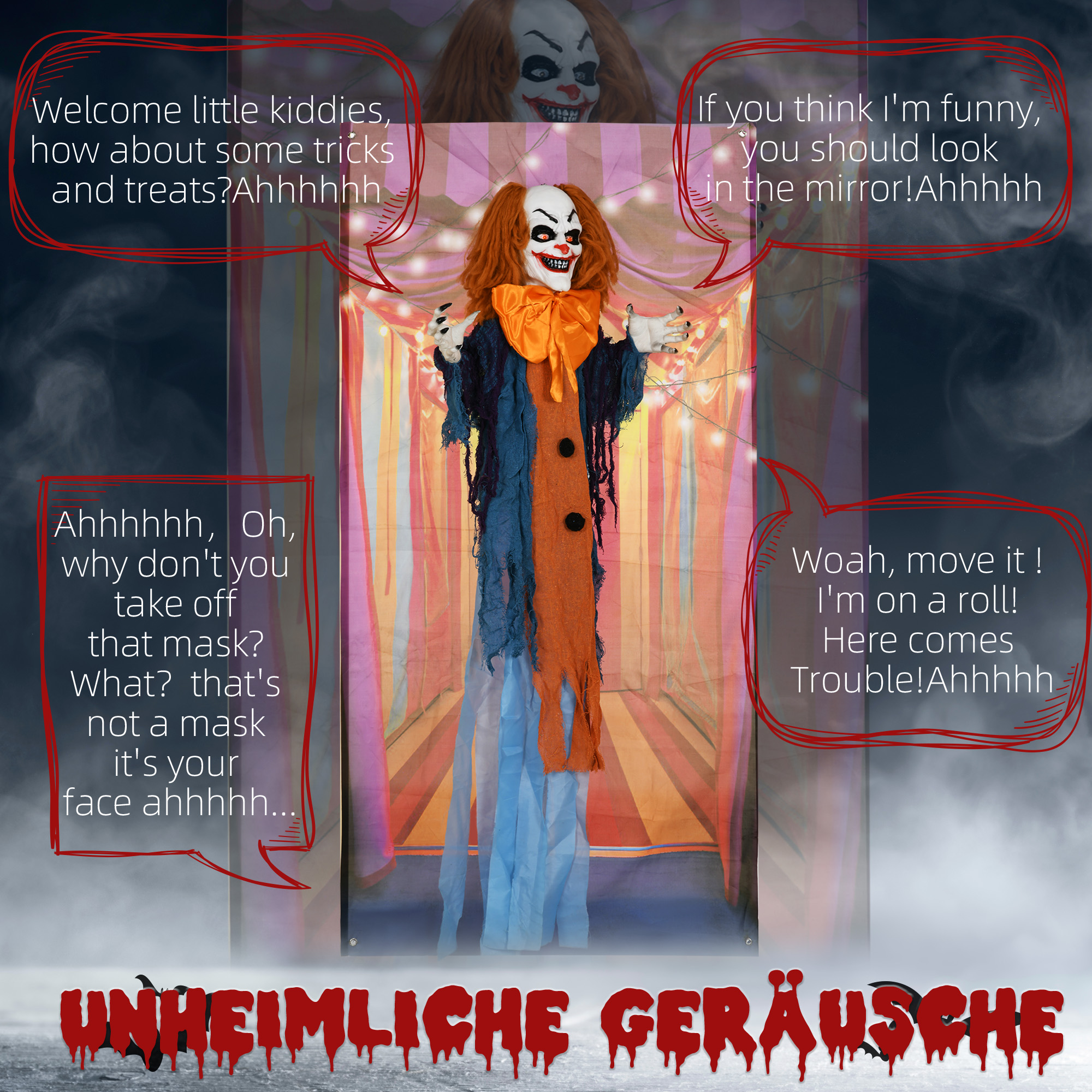 Horrorclown, Helloweendeko, aktiviert mit Geräusche/Berührung, rote Augen, Sound, 168 cm