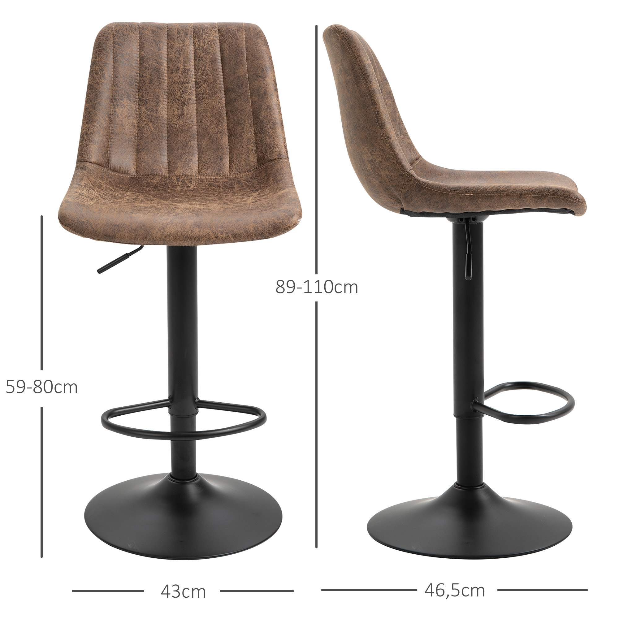 2er-Set Barhocker im Retrodesign, inkl. Fußstütze, höhenverstellbar, Gaslift, Braun + Schwarz