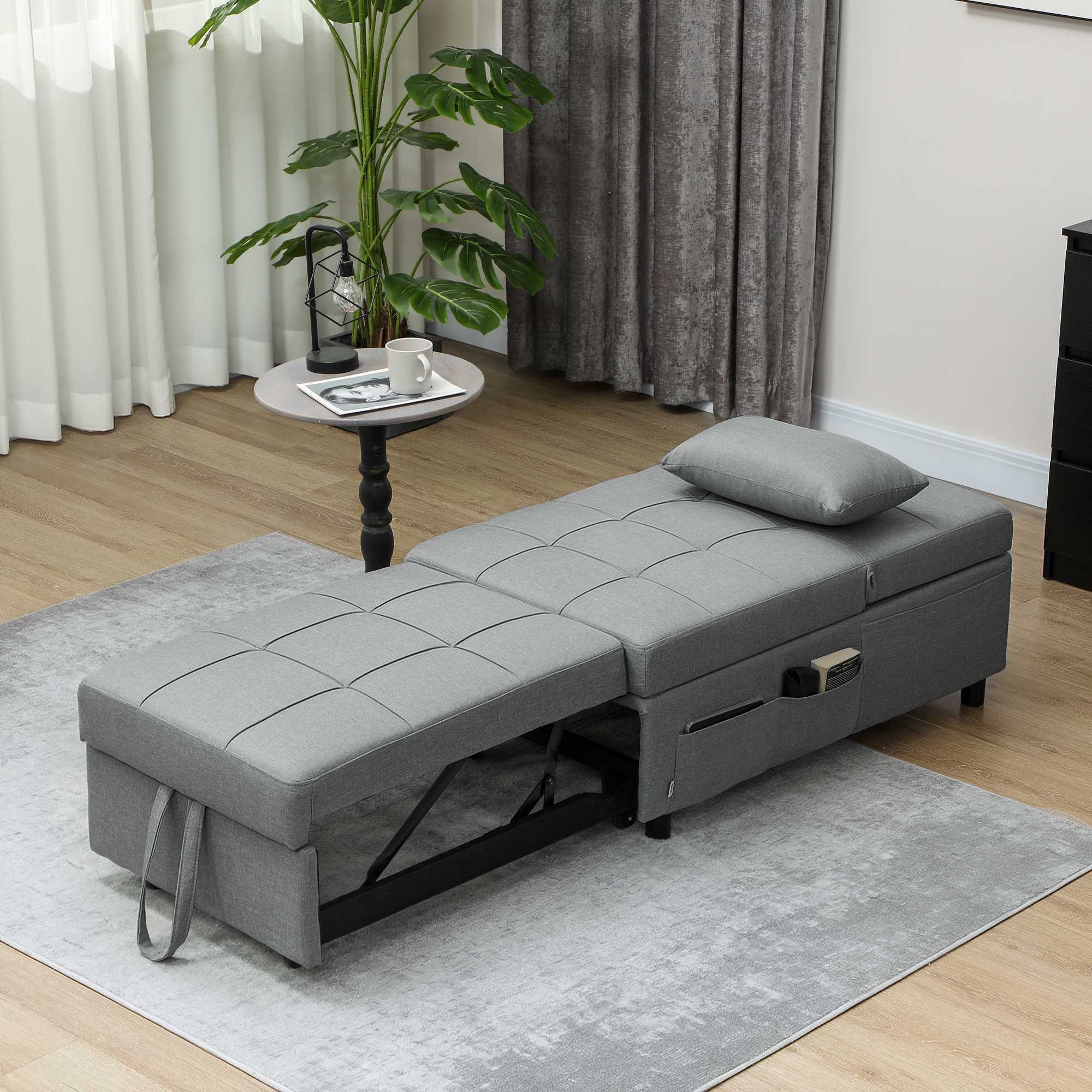 3-in-1 Klappsessel mit Seitentasche, Gästebett mit Kissen, Verstellbarer Rückenlehne, Bettsessel mit Rollen, Hellgrau