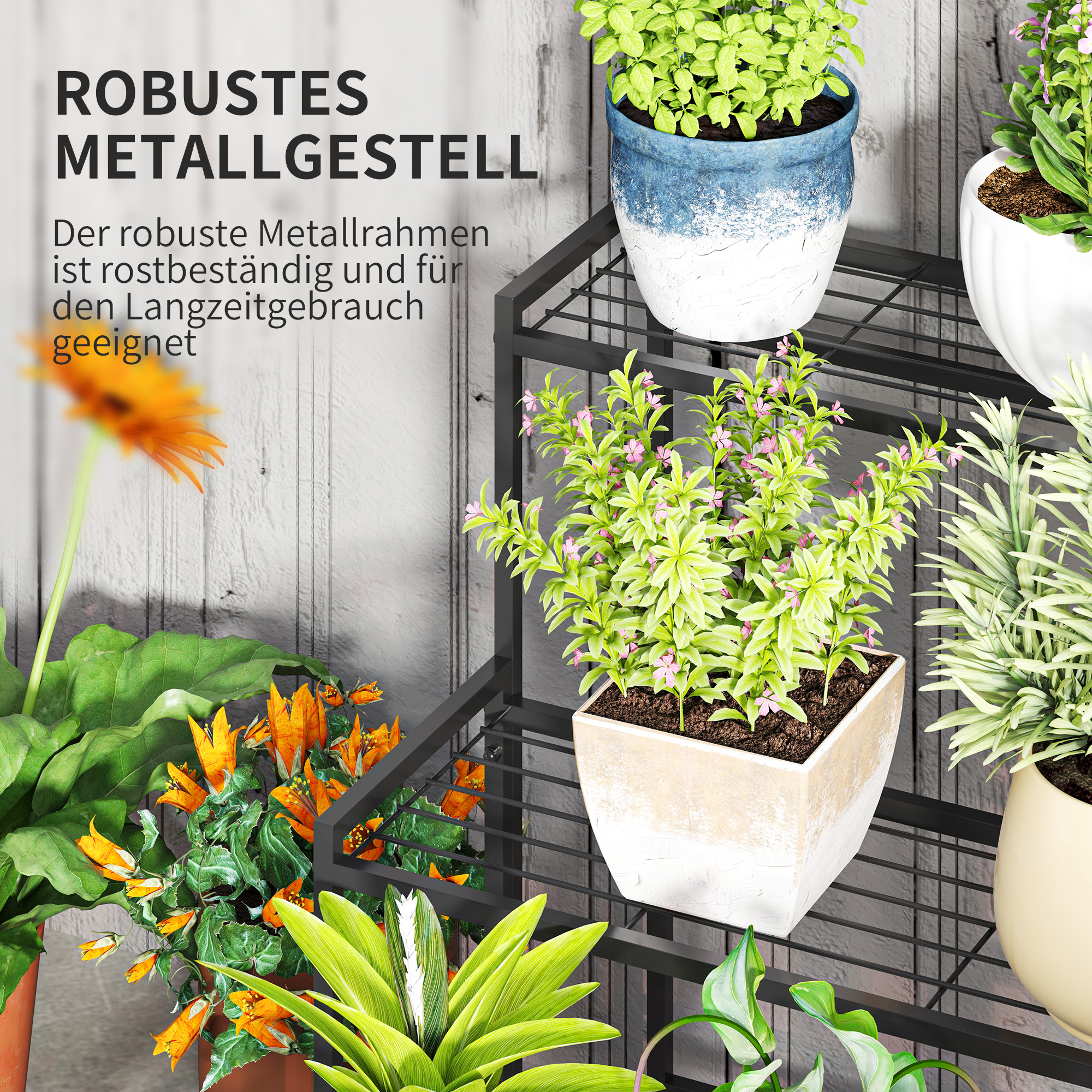 Blumentopfständer, 3-stufiger Pflanzenständer in Treppenform, Blumentopfgestell für drinnen und draußen, Metall, Schwarz